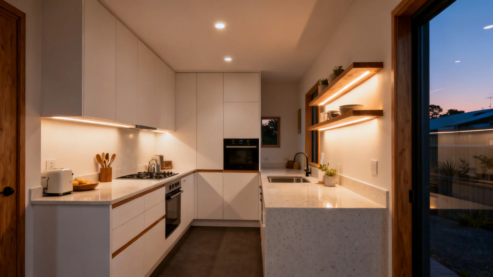 Modern white kitchen with warm light strips under cabinets and wooden shelves at sunset time
