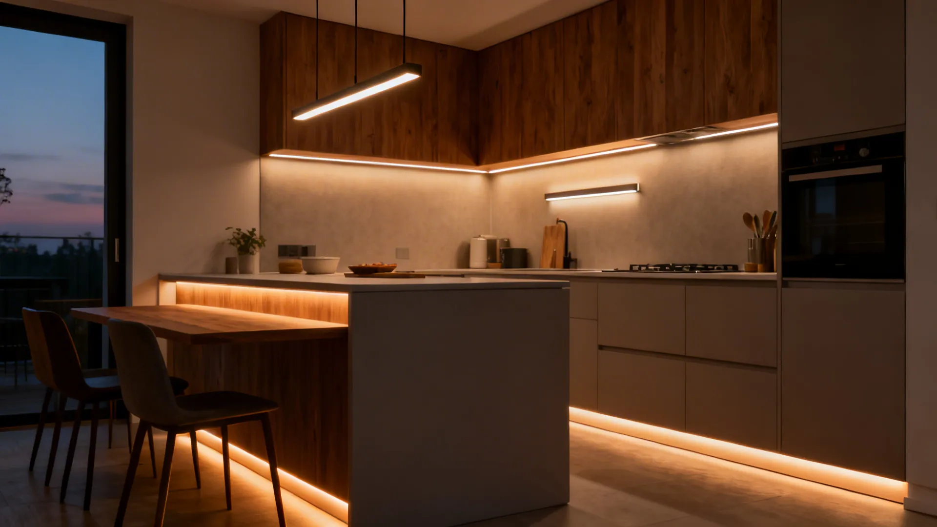 Small contemporary kitchen with task LEDs, warm ambient pendants, and subtle toe-kick accent lighting.