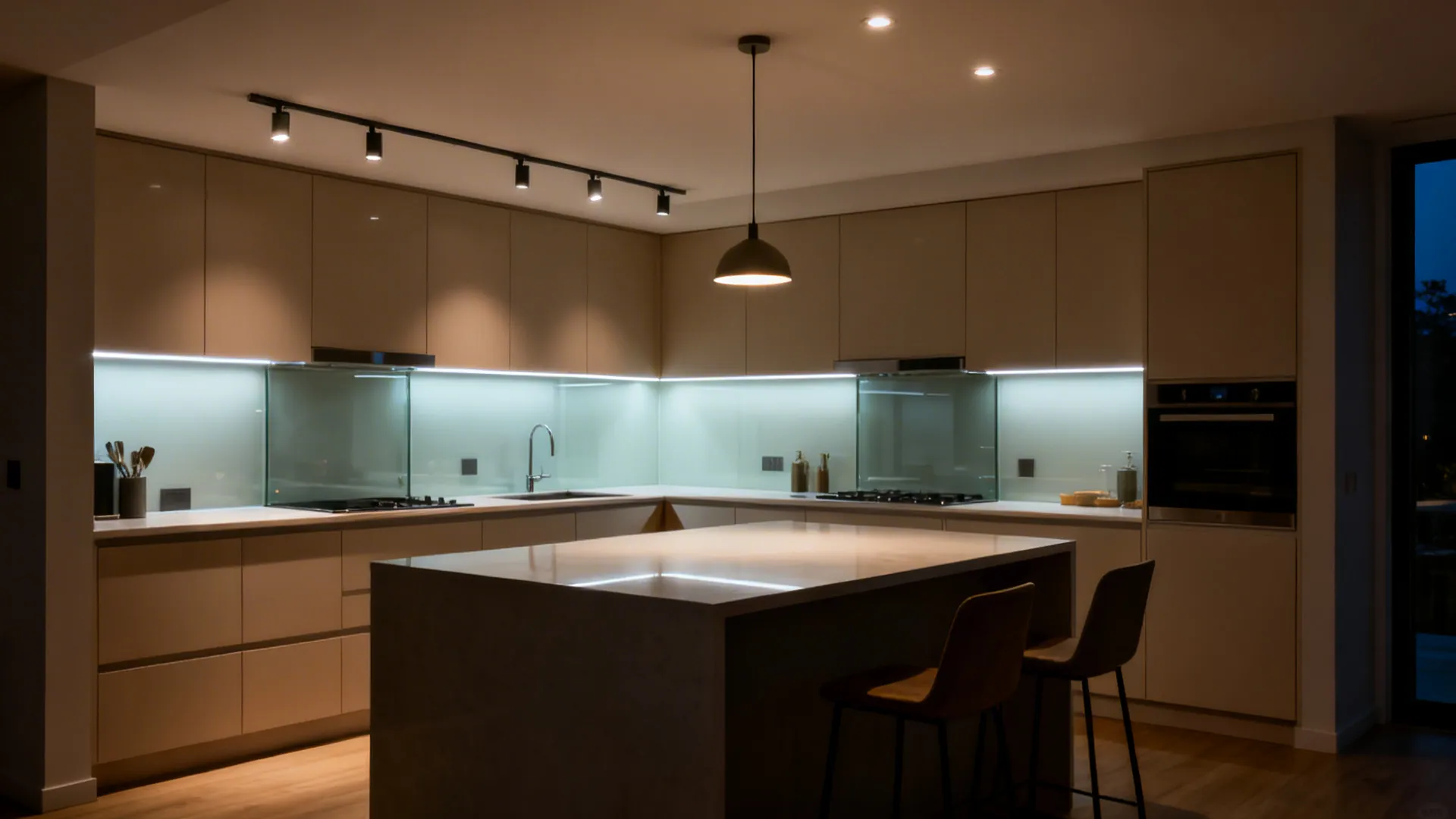 Evening kitchen with under-cabinet task lighting, ambient track lights, and a small pendant.