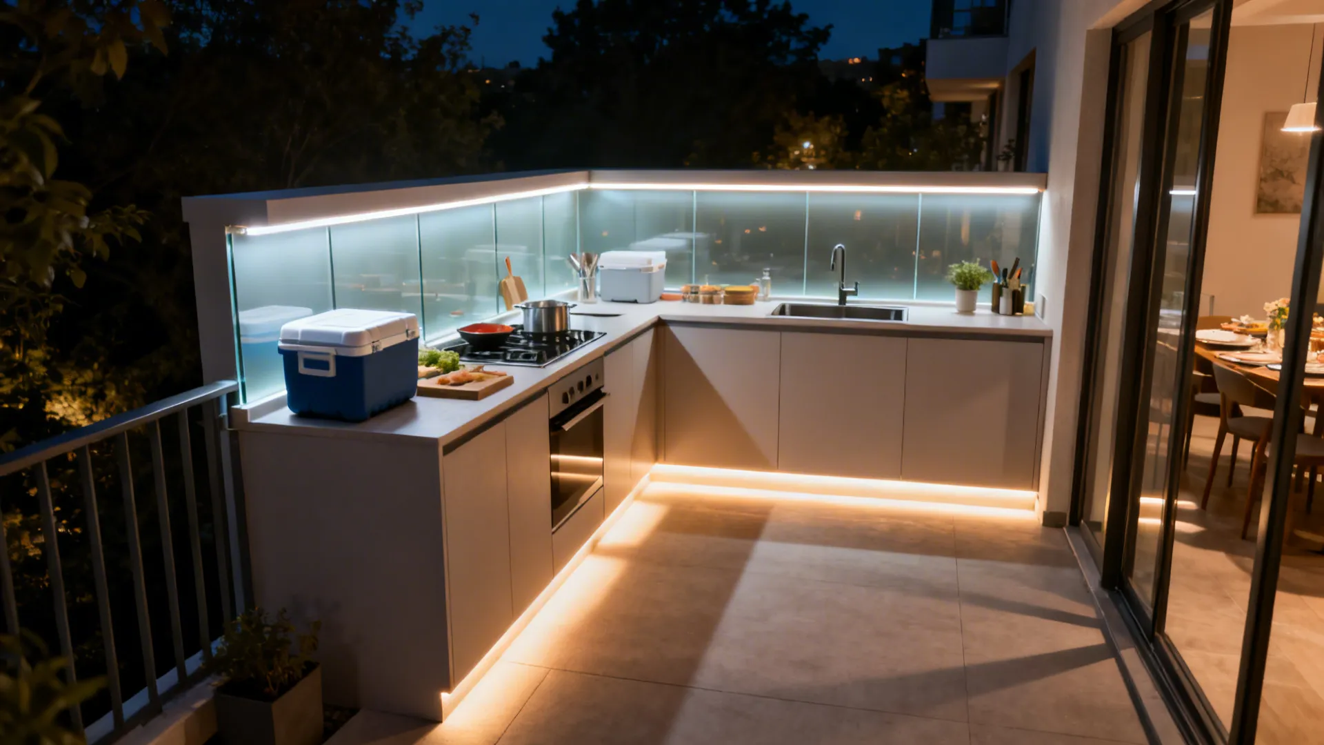 Small balcony kitchen at night with task, ambient, and step lighting creating zones.