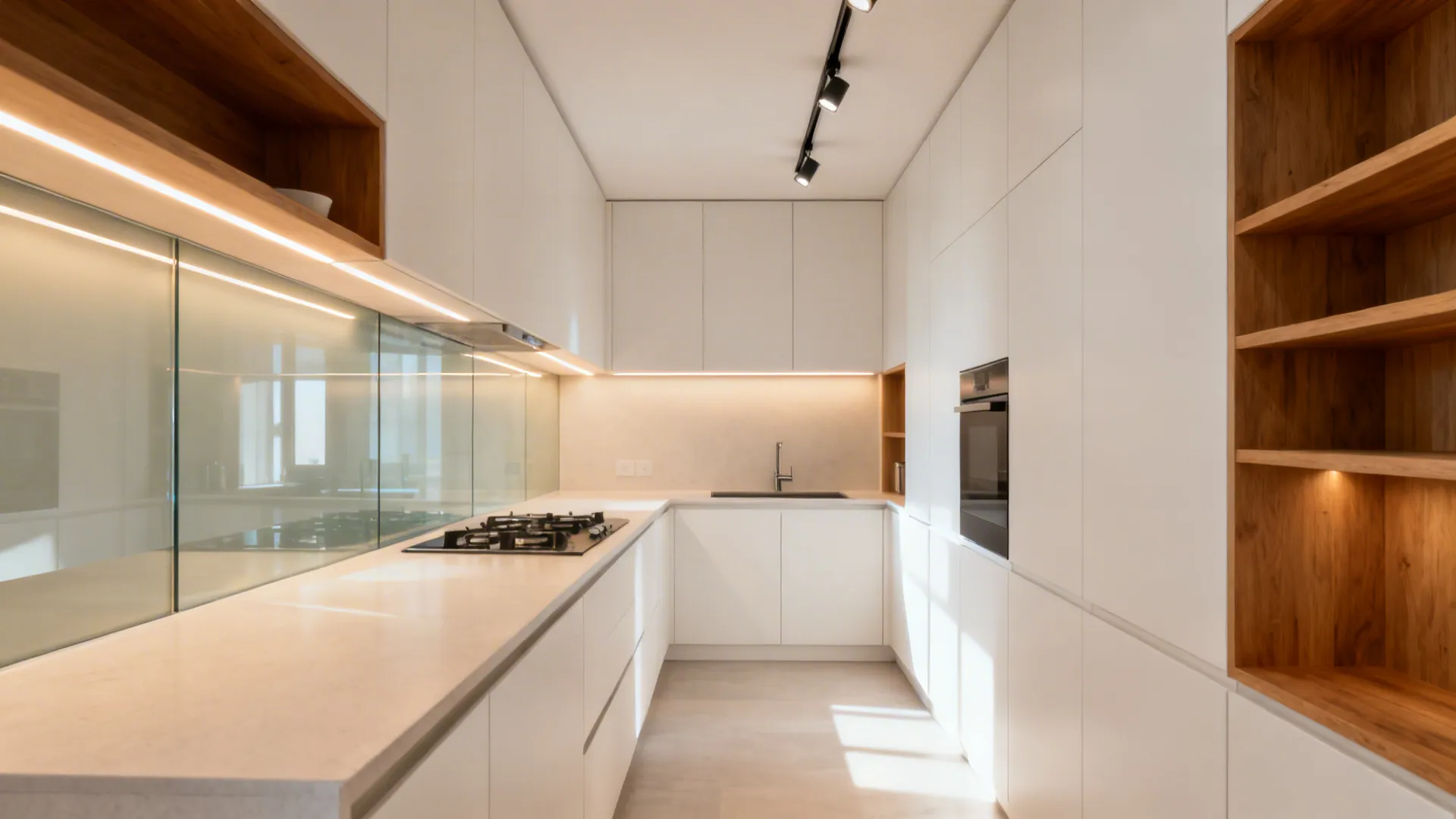 Small kitchen with rail spots, under-cabinet LEDs, and soft ambient glow reflecting off a glass backsplash.