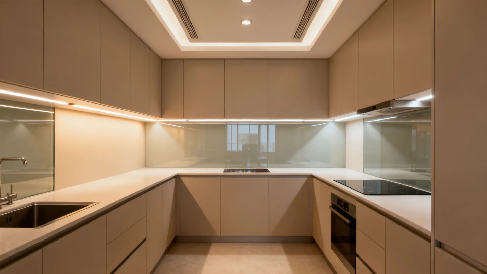 Compact kitchen with ambient, task, and accent lighting layered for even illumination.