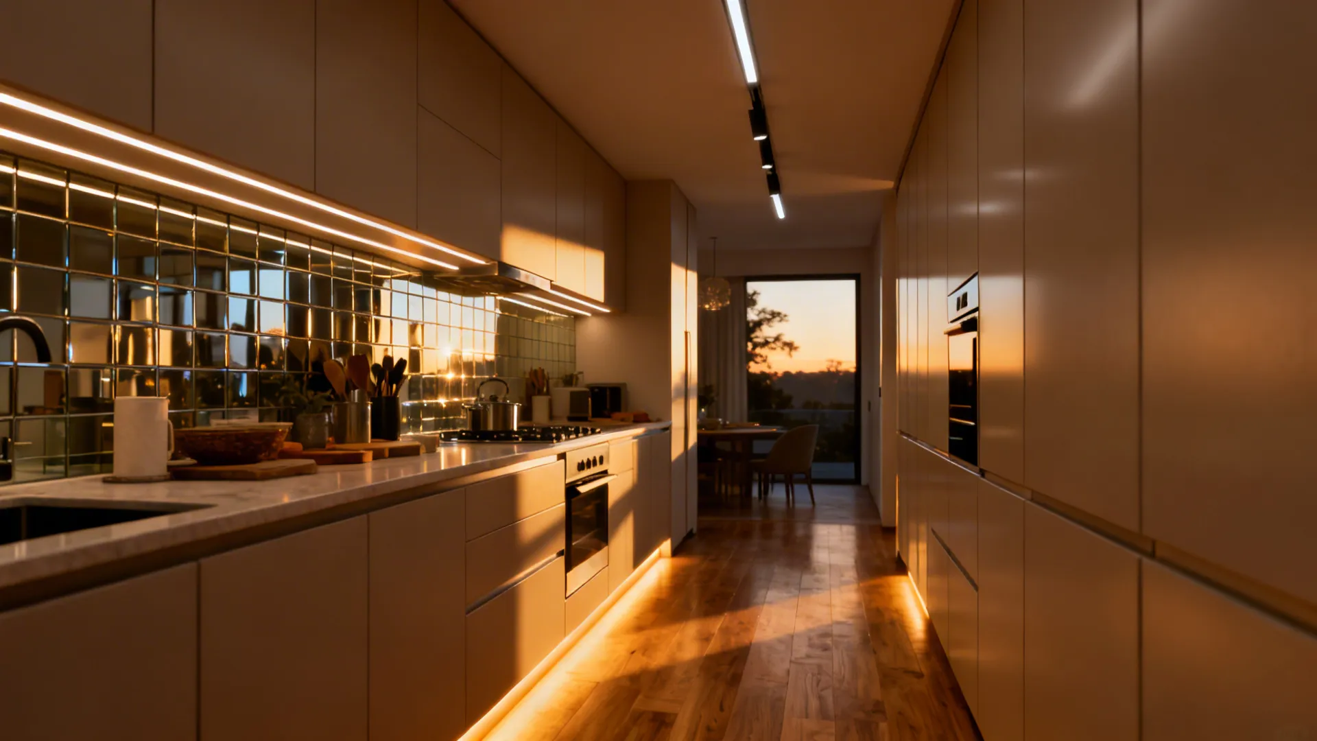 Narrow galley with under-cabinet, ceiling track, and toe-kick LED layers creating depth.