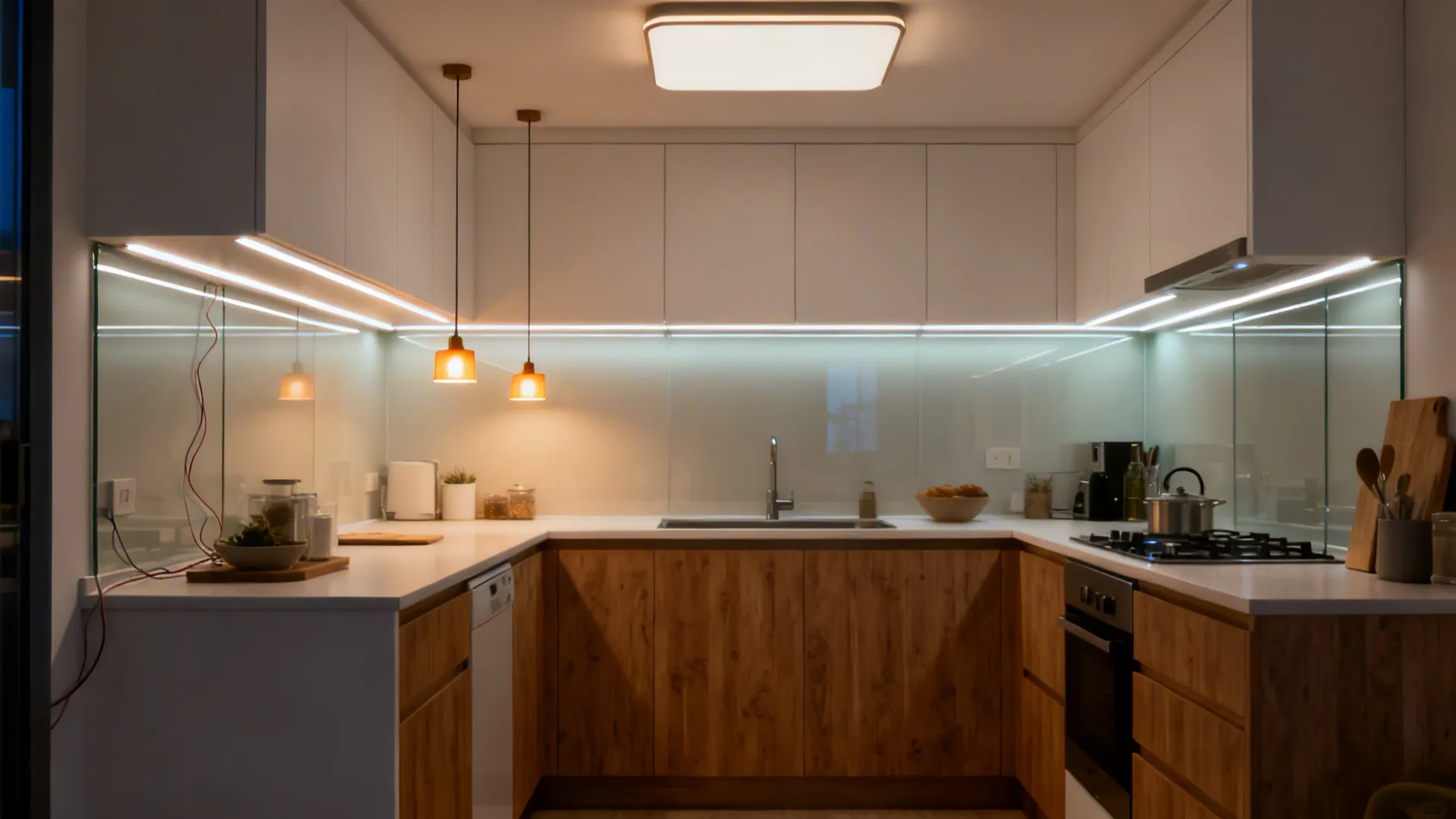 Small kitchen with ambient ceiling light, under-cabinet LEDs, and two warm pendants over the L.
