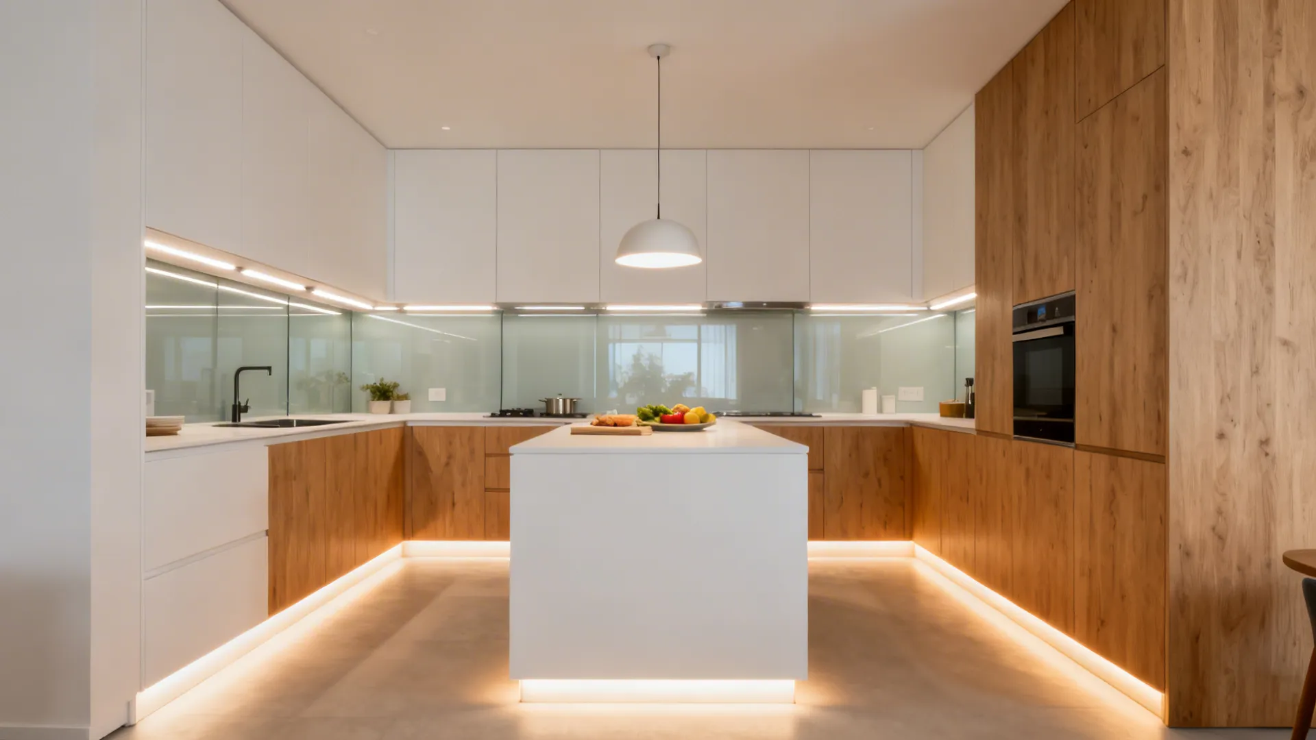Small kitchen with under-cabinet task lights, a pendant over prep, and toe-kick LEDs.