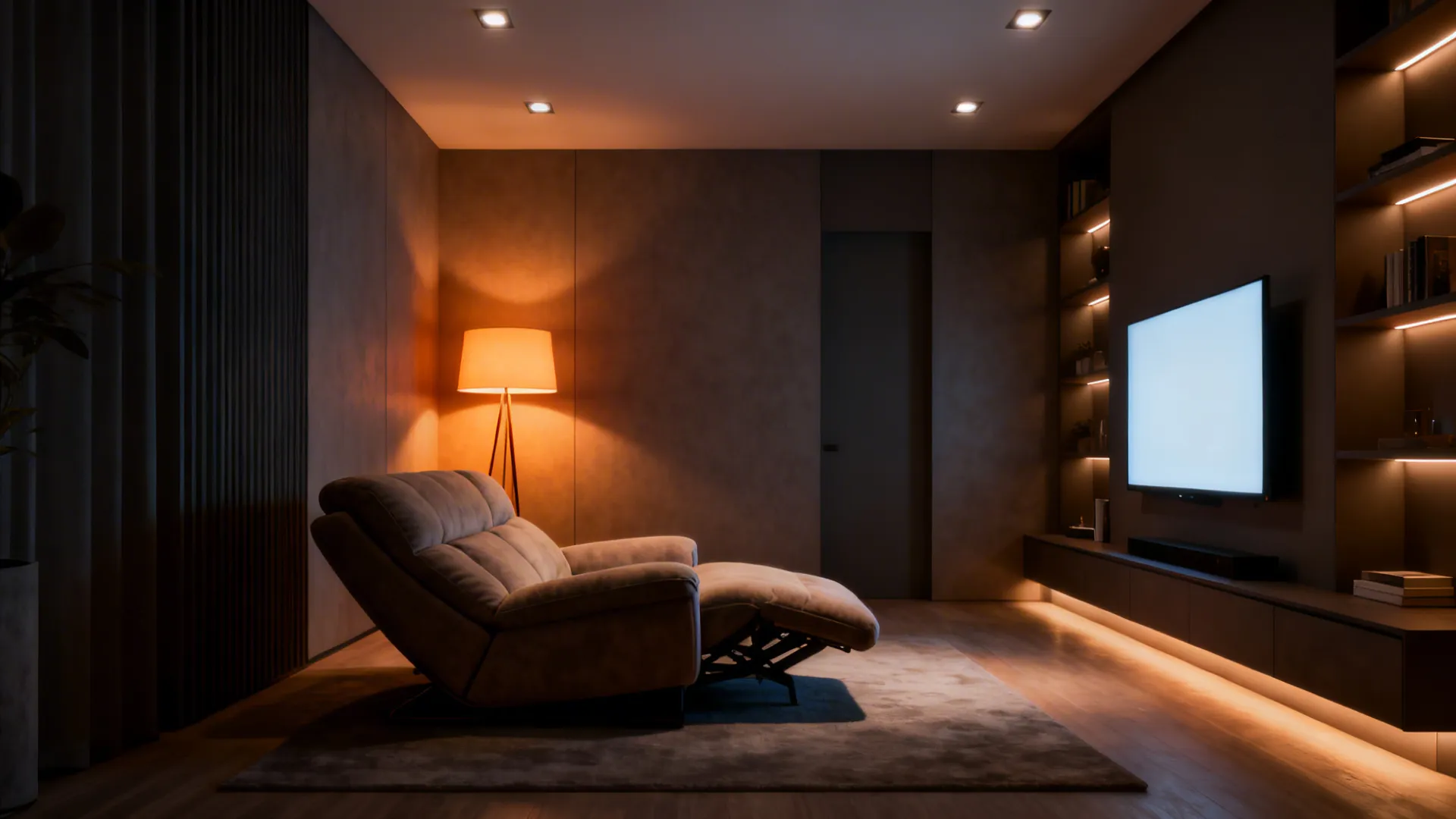 Reclining sofa in a cozy viewing zone with floor lamp, dimmable ceiling lights, and accent lighting