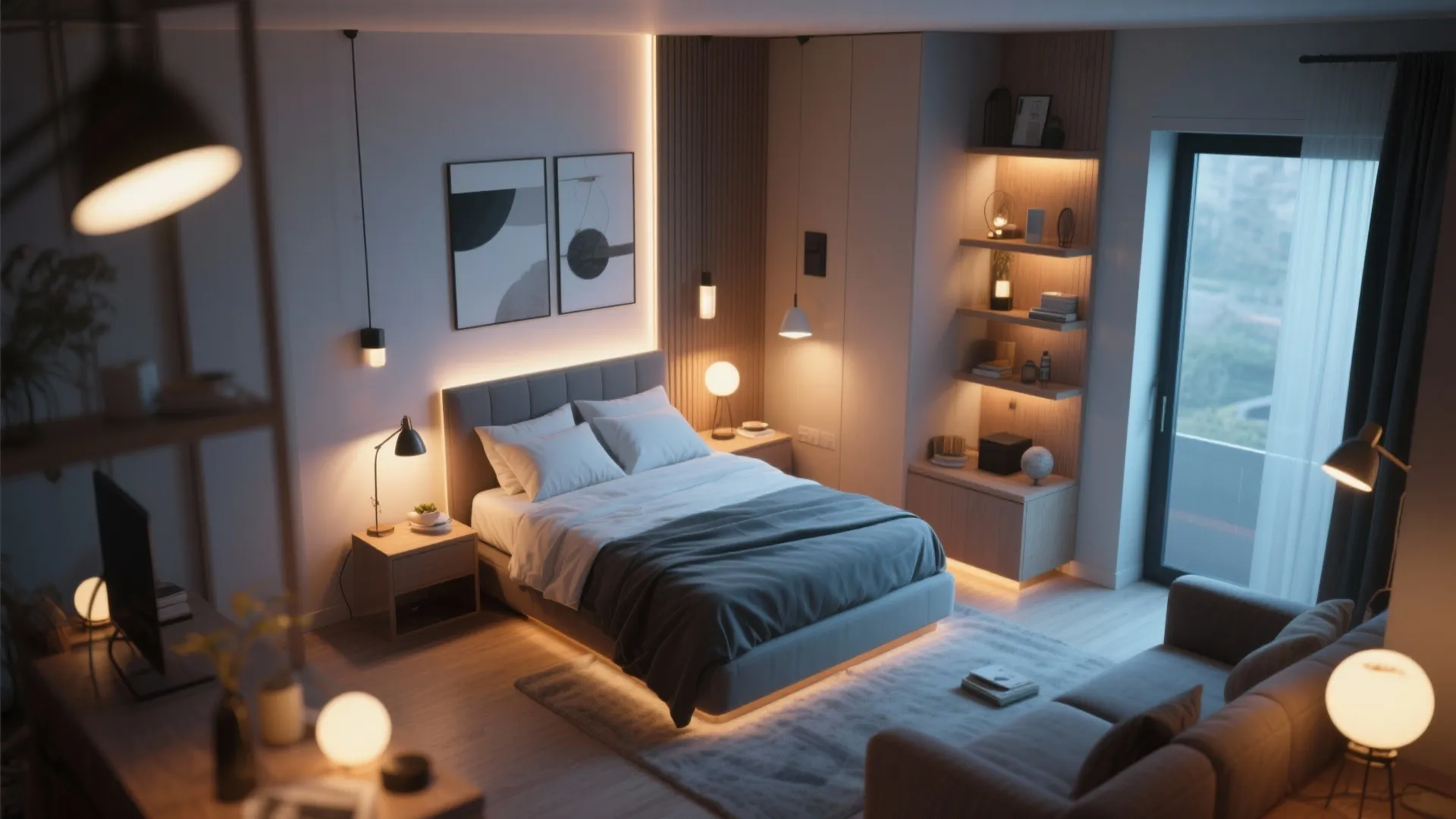 Layered lighting defining bed and living areas