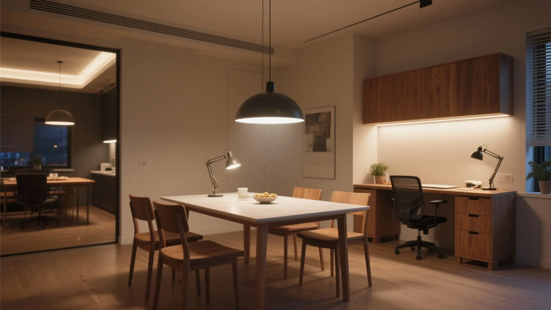 Modern apartment dining area and home office with multiple ceiling light fixtures and desk lamps