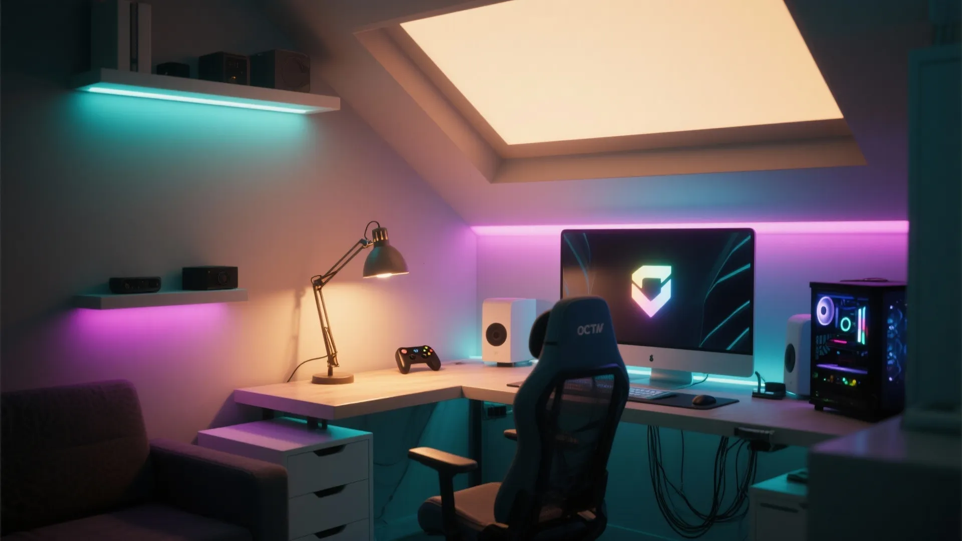 Gaming room with corner desk computer setup colorful led lights ceiling light and blue office chair