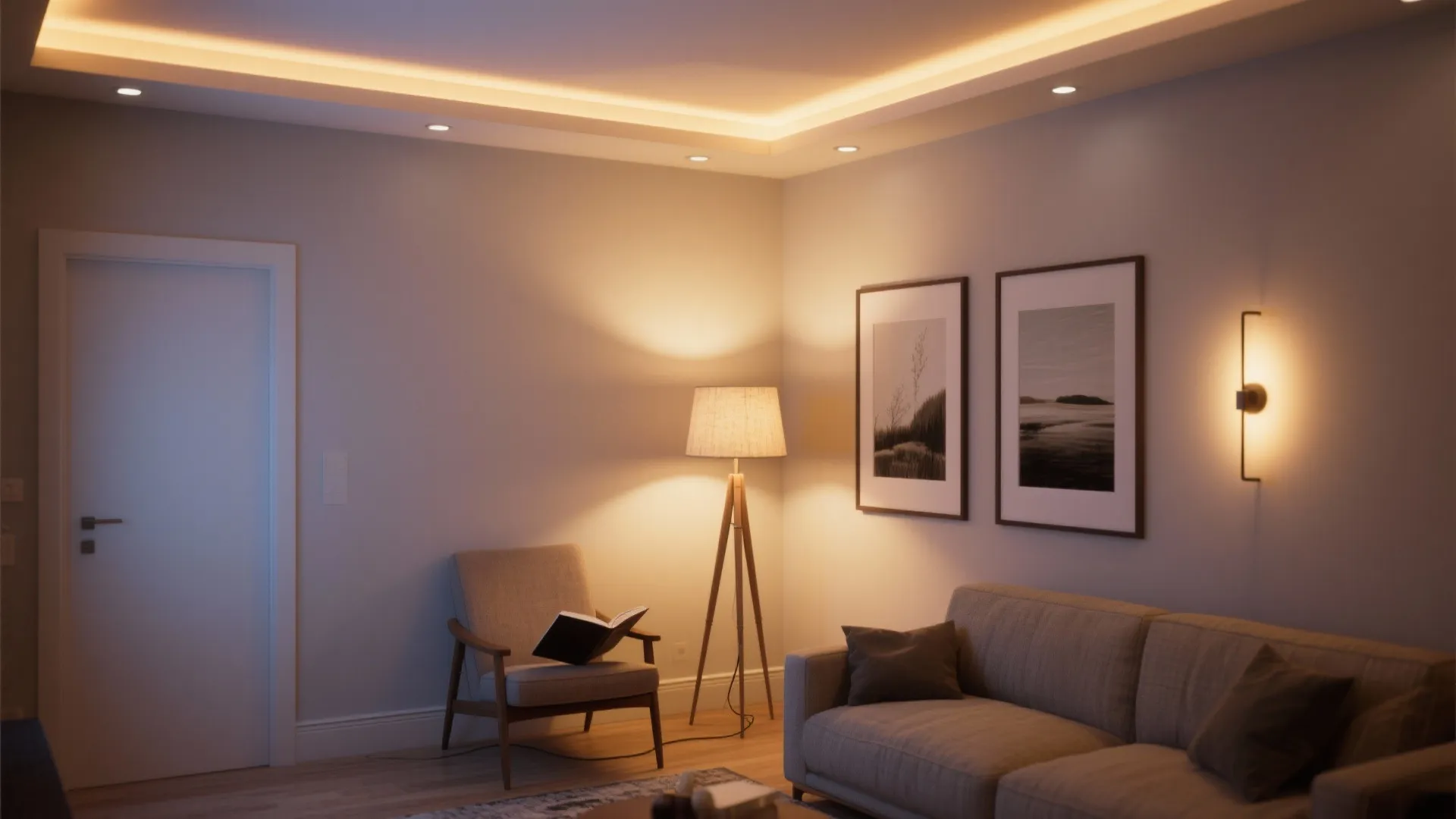 Cozy living room corner with grey sofa floor lamp wall light and recessed ceiling light strips