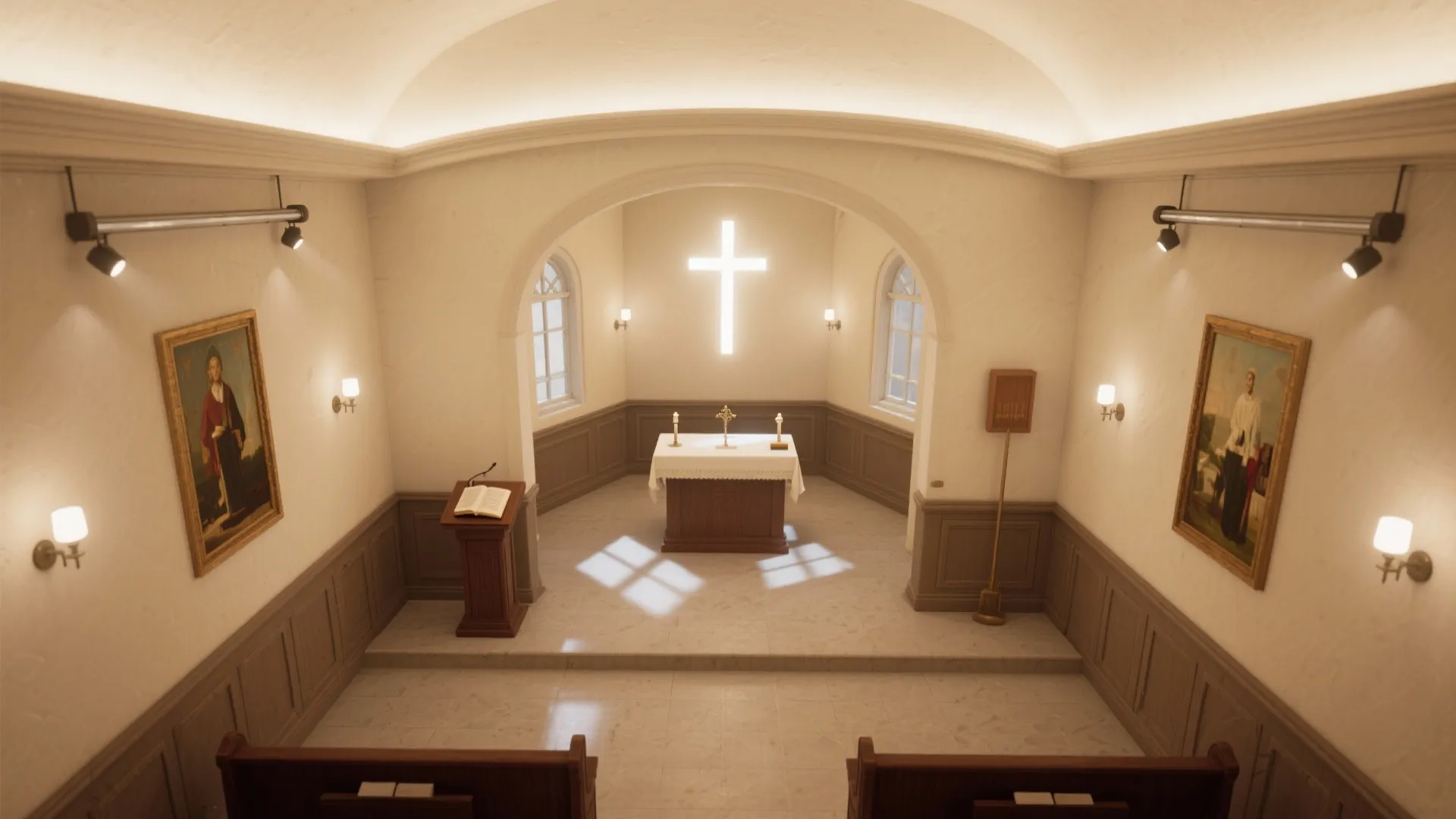 Small interior chapel room with wooden altar table bright cross on wall and ceiling lights