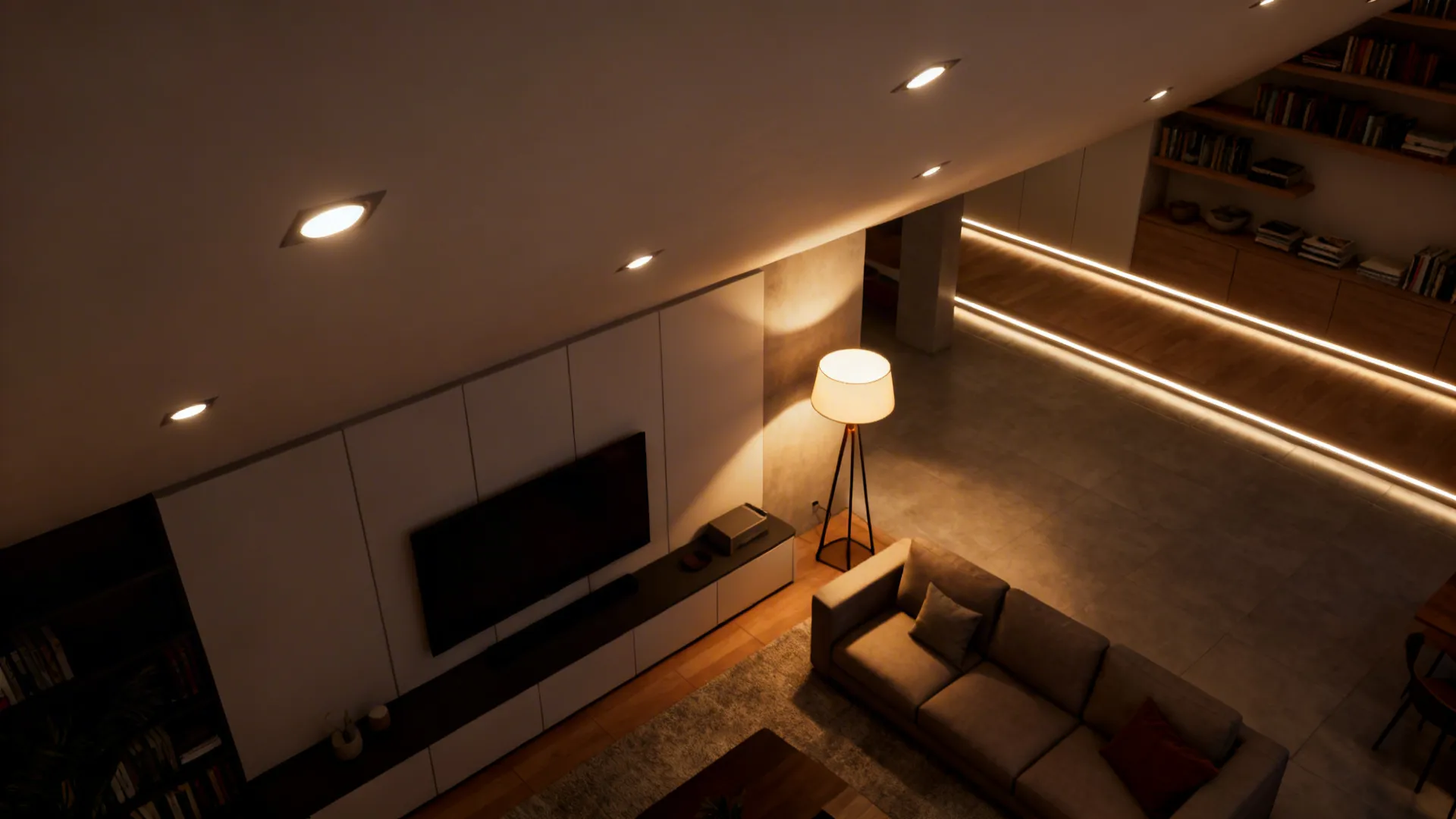 Living room with dimmable lighting zones: recessed, table lamp and LED tape