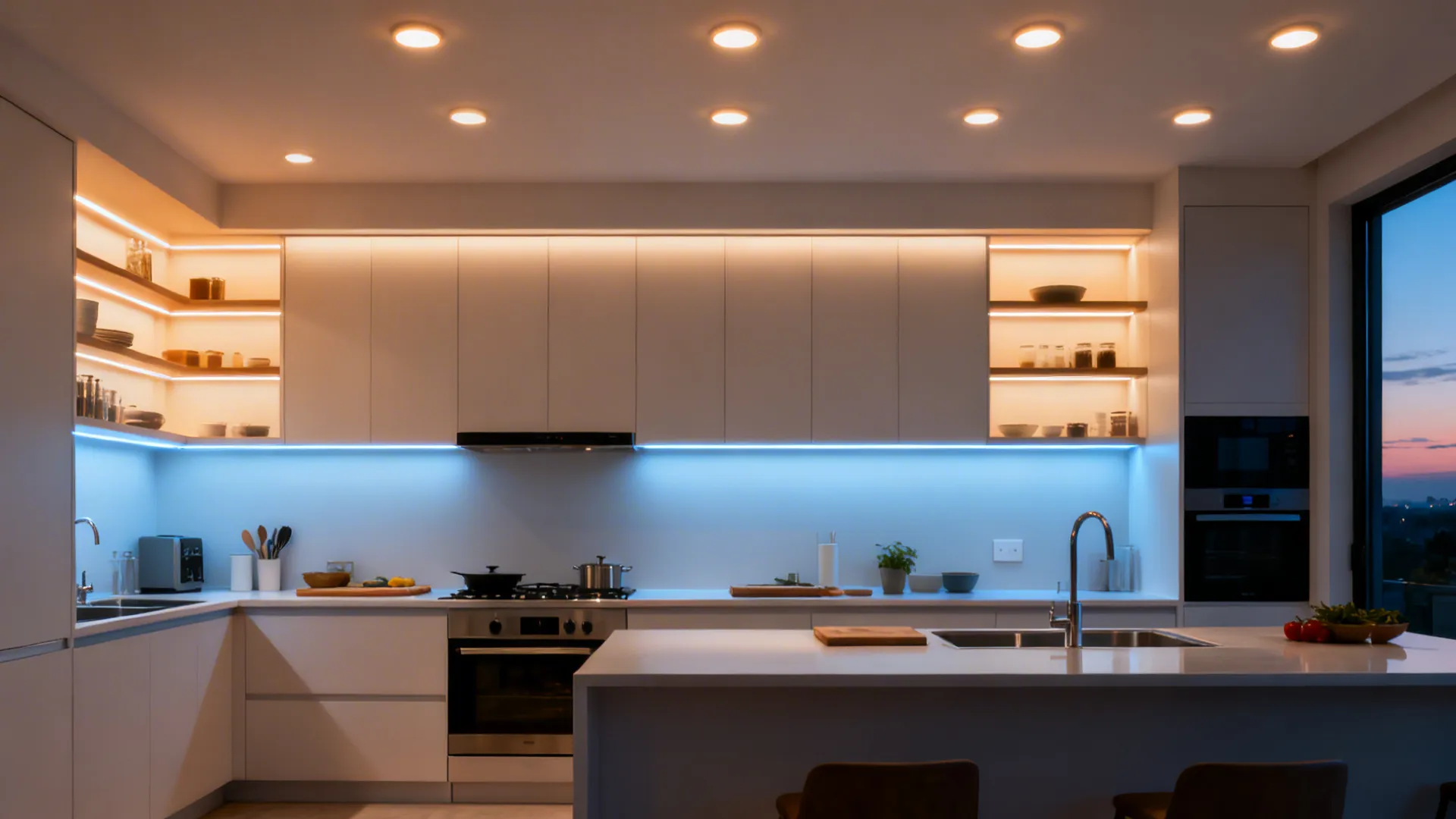 Modern white kitchen featuring blue under cabinet lights warm ceiling lights and a large kitchen island