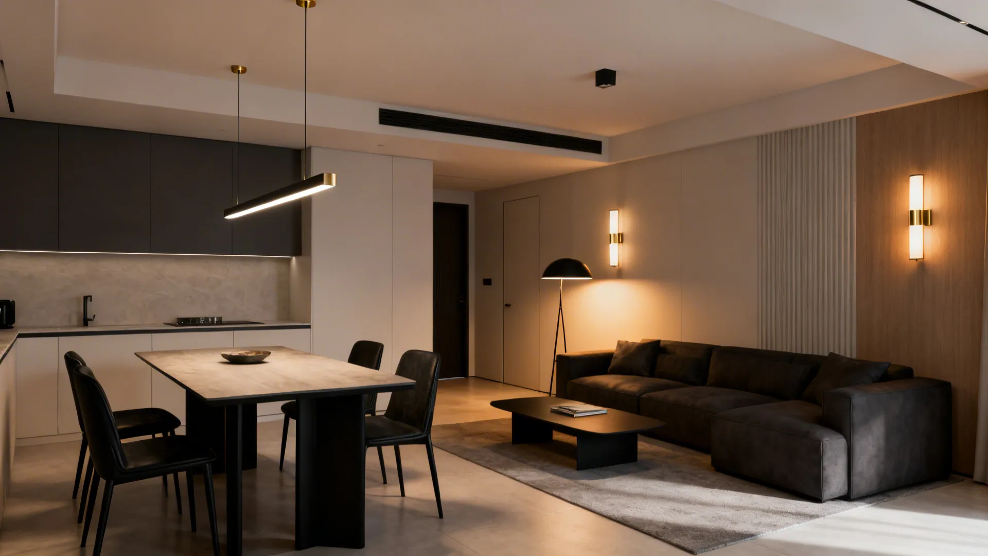 Layered lighting with a low pendant over the dining table and warm sconces and floor lamp in the living area.