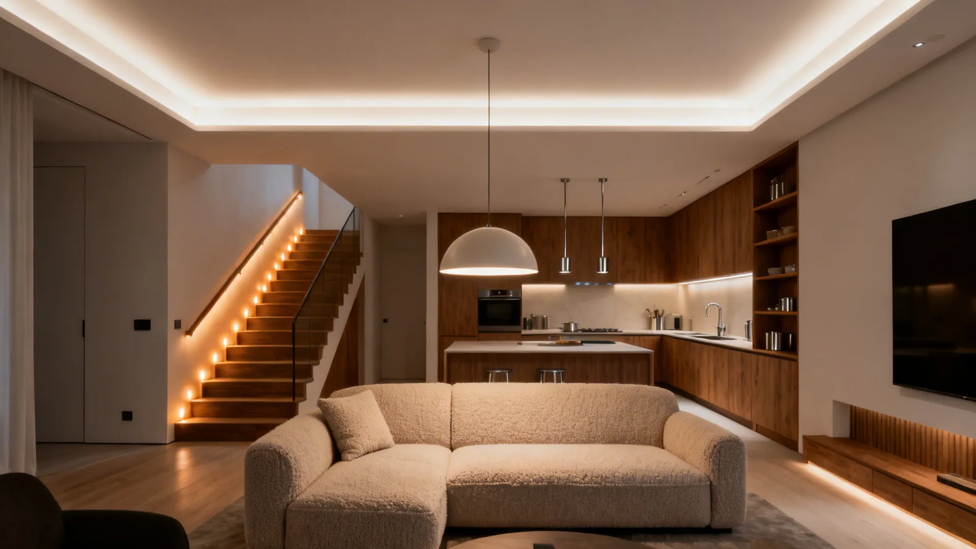 4) Zoned lighting and layered textures to define areas