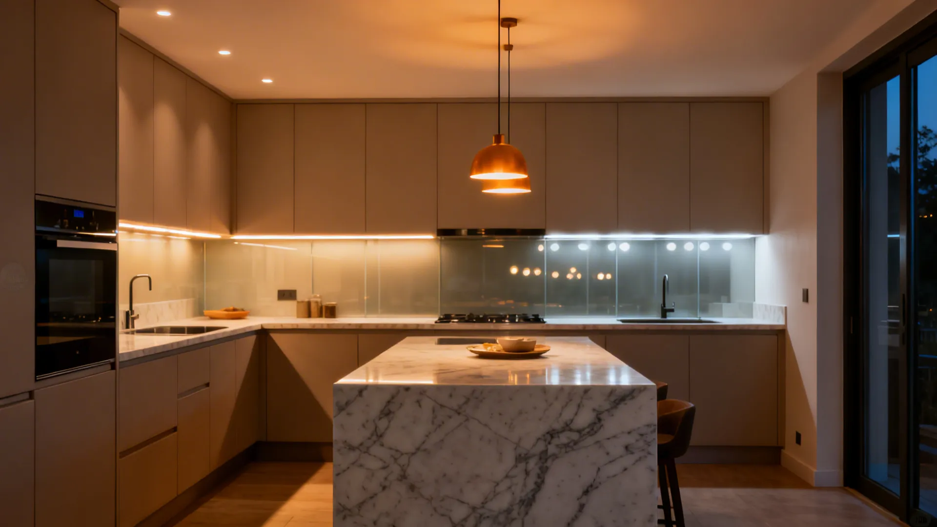 Evening scene with under-cabinet task LEDs, warm pendants, and a dimmable ceiling wash.