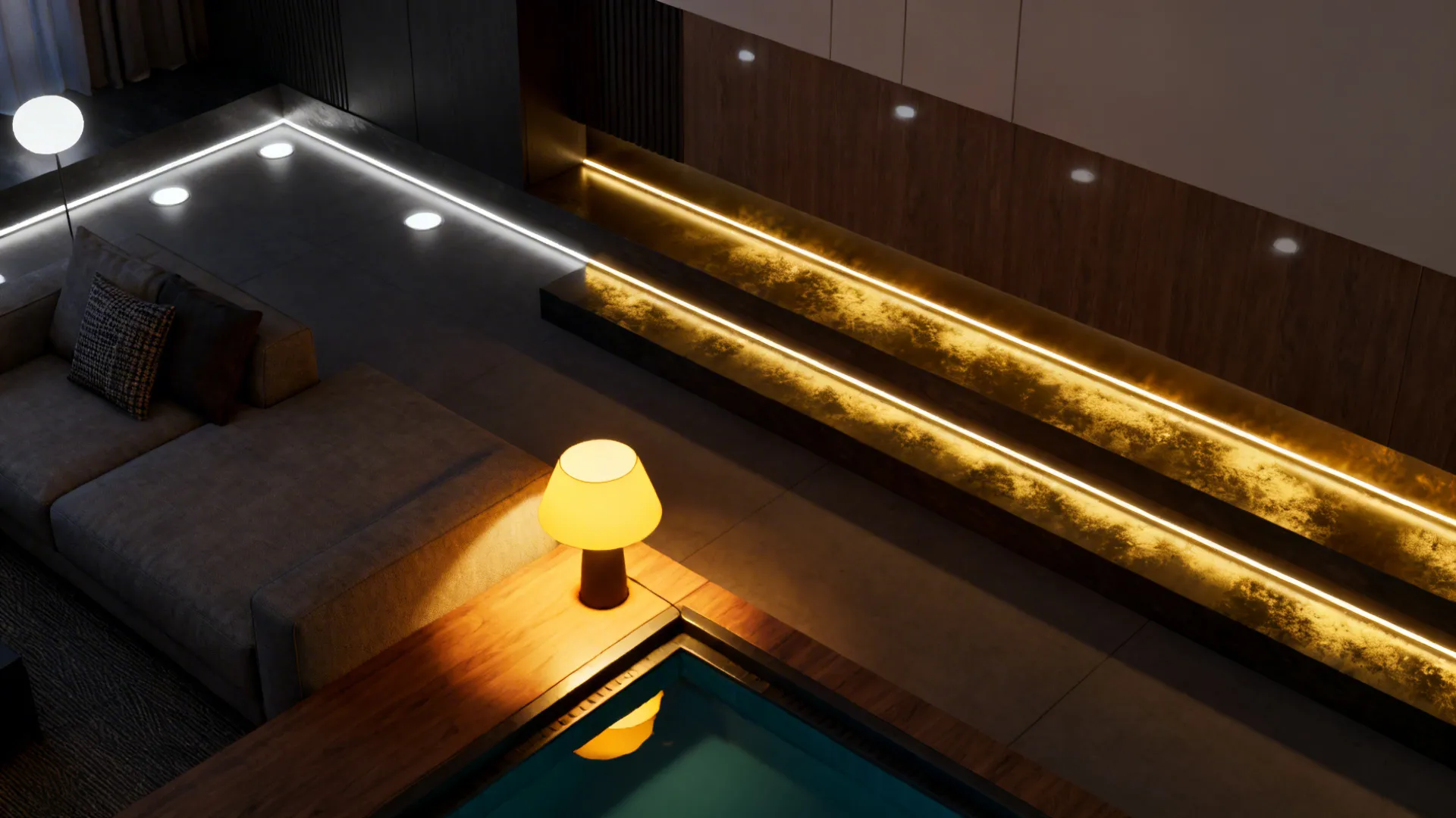 Top-down view illustrating ambient, task, and accent lighting zones in a living room.