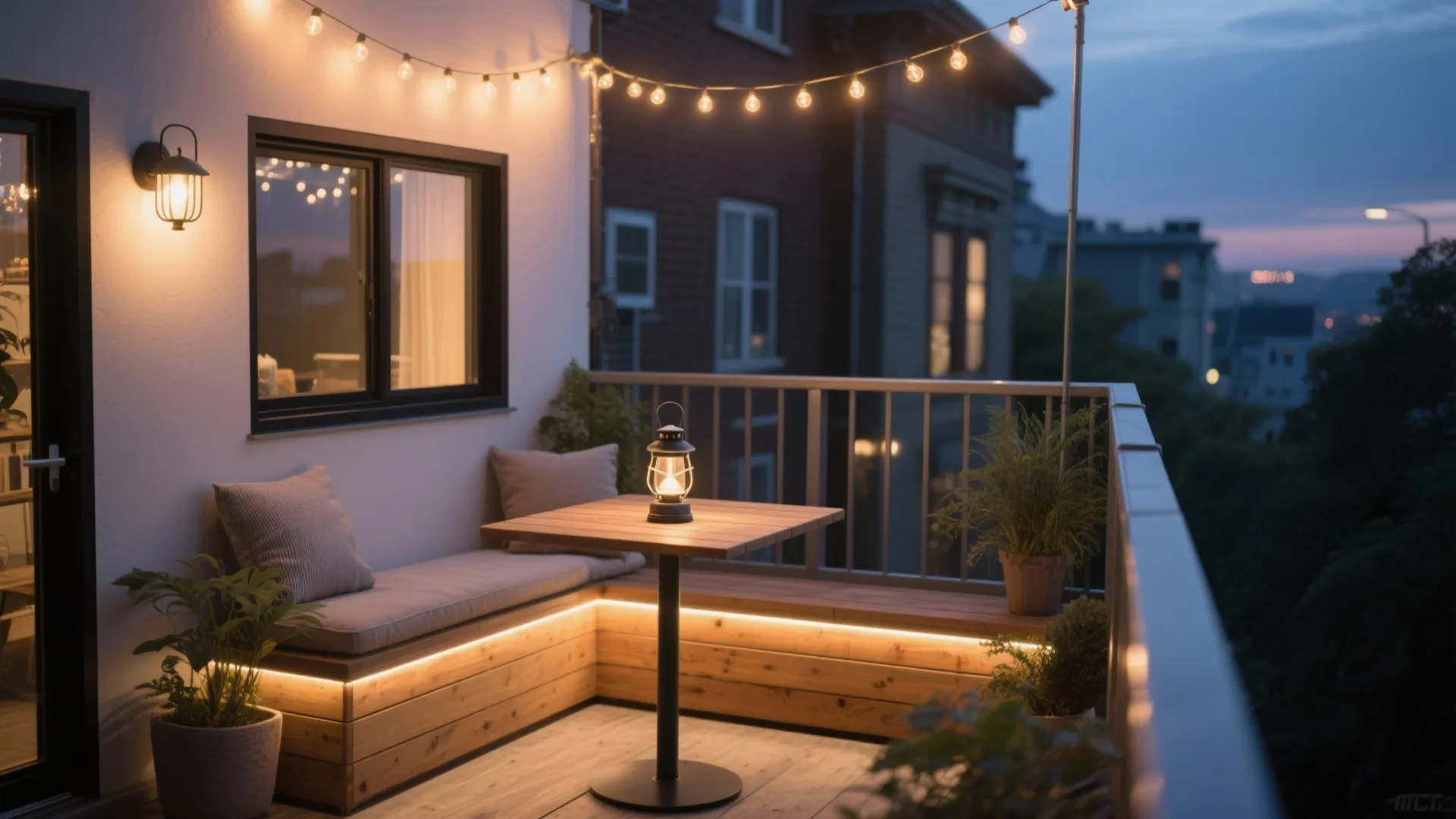 Cozy rooftop balcony with wooden bench, small table, string lights, wall light, and green plants