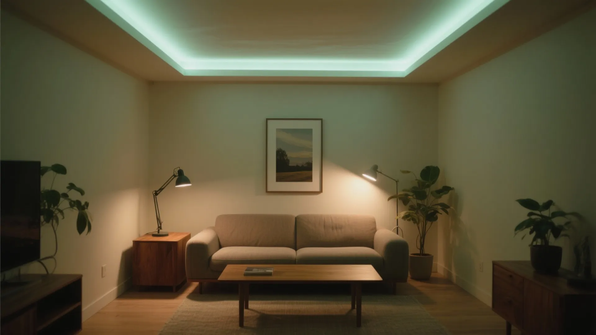 Simple living room featuring a grey sofa wooden coffee table and soft green hidden ceiling lights