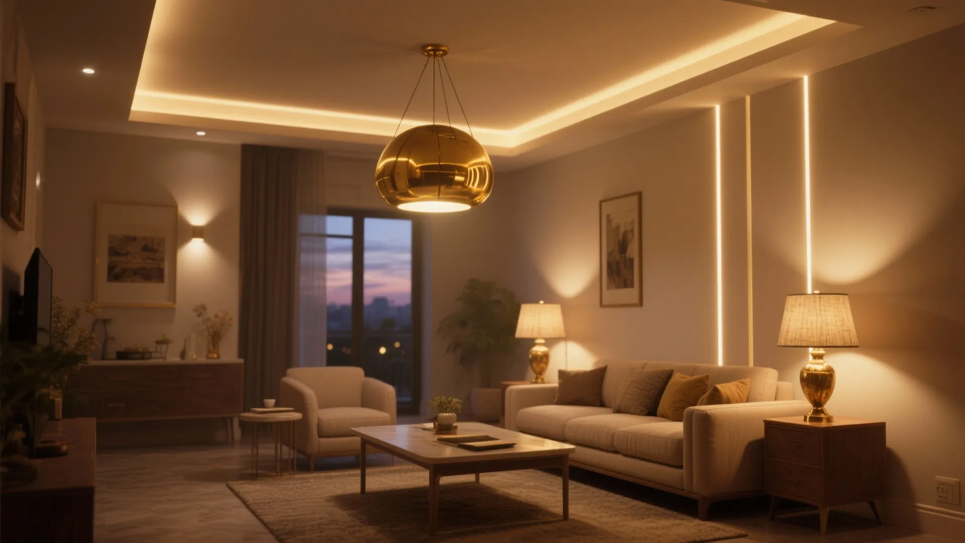 Layered lighting with warm LEDs and brass accents