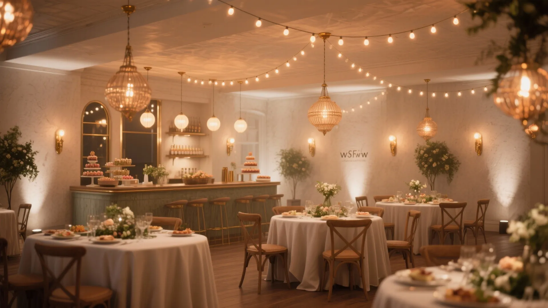 Elegant event dining room with round tables, white cloths, wooden chairs, and warm string lights