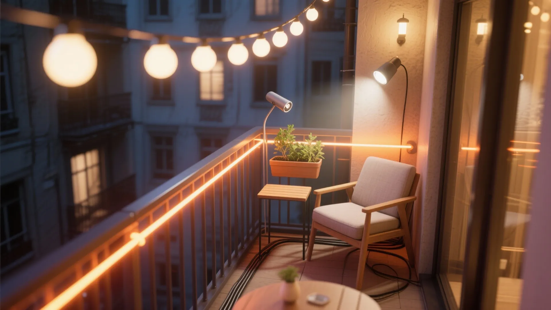 Layered neon + string lights + a tiny task spot