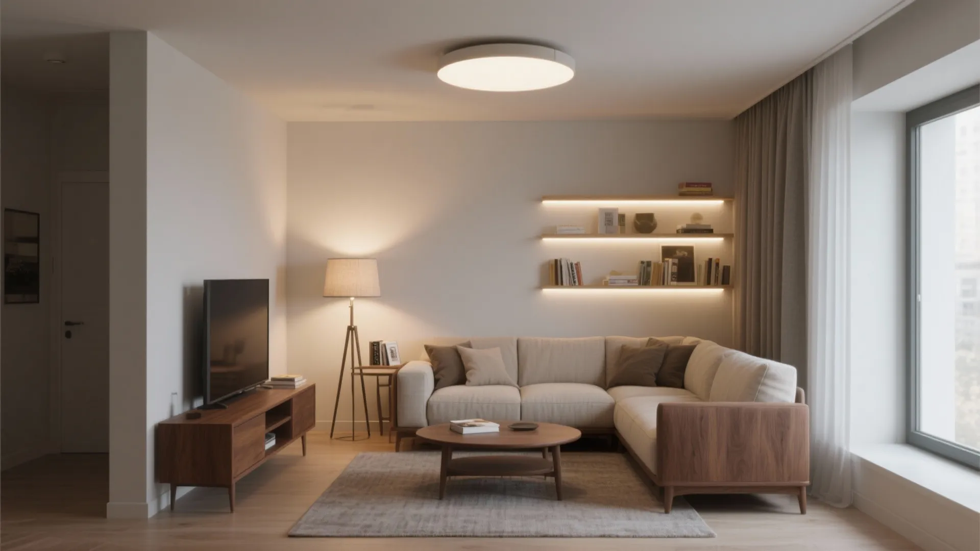 Cozy living room with corner sofa wooden cabinet floor lamp ceiling light and wall shelves