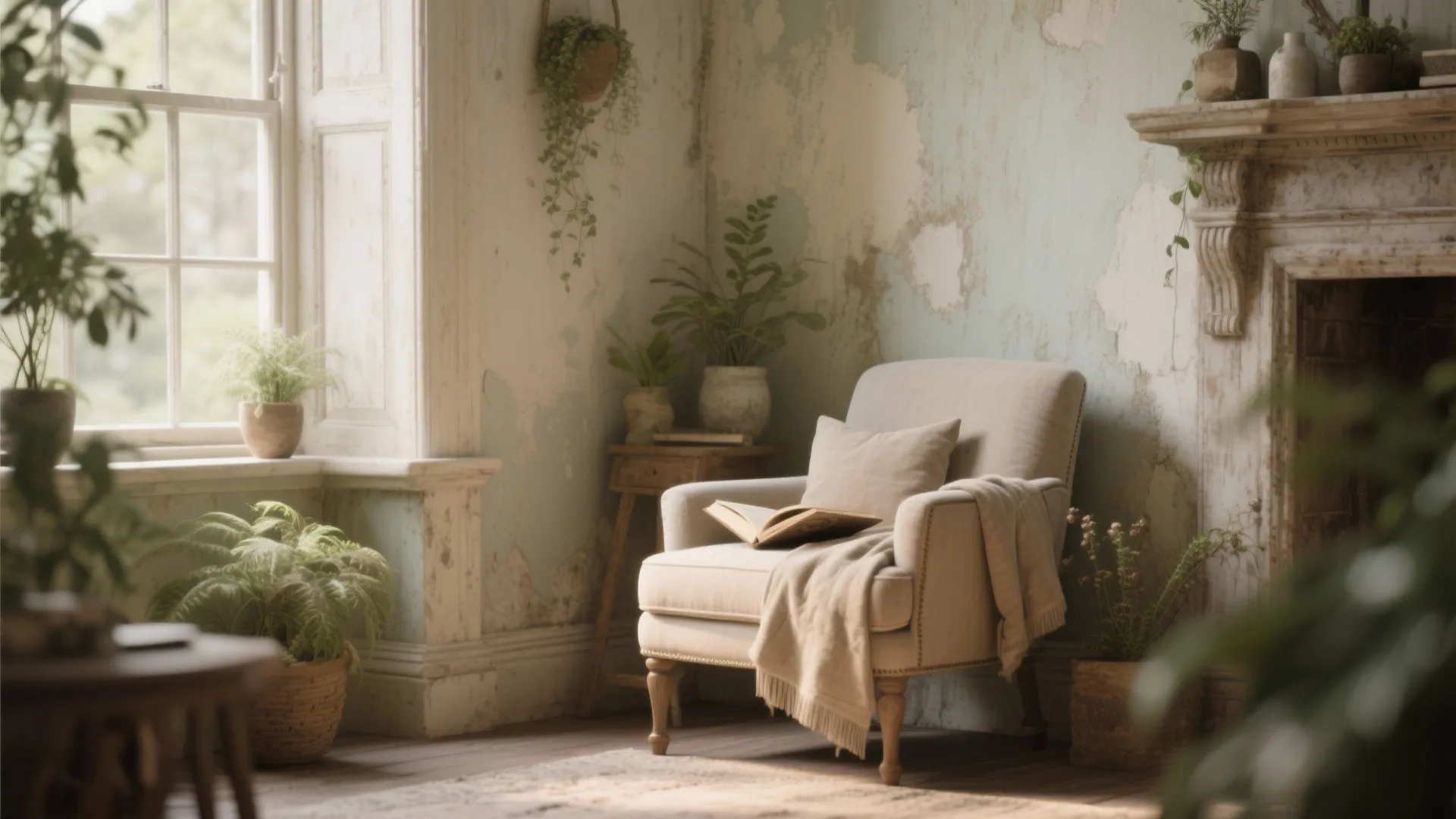 Cozy nook with a layered limewash feature wall showing soft handcrafted patina and tonal variation.