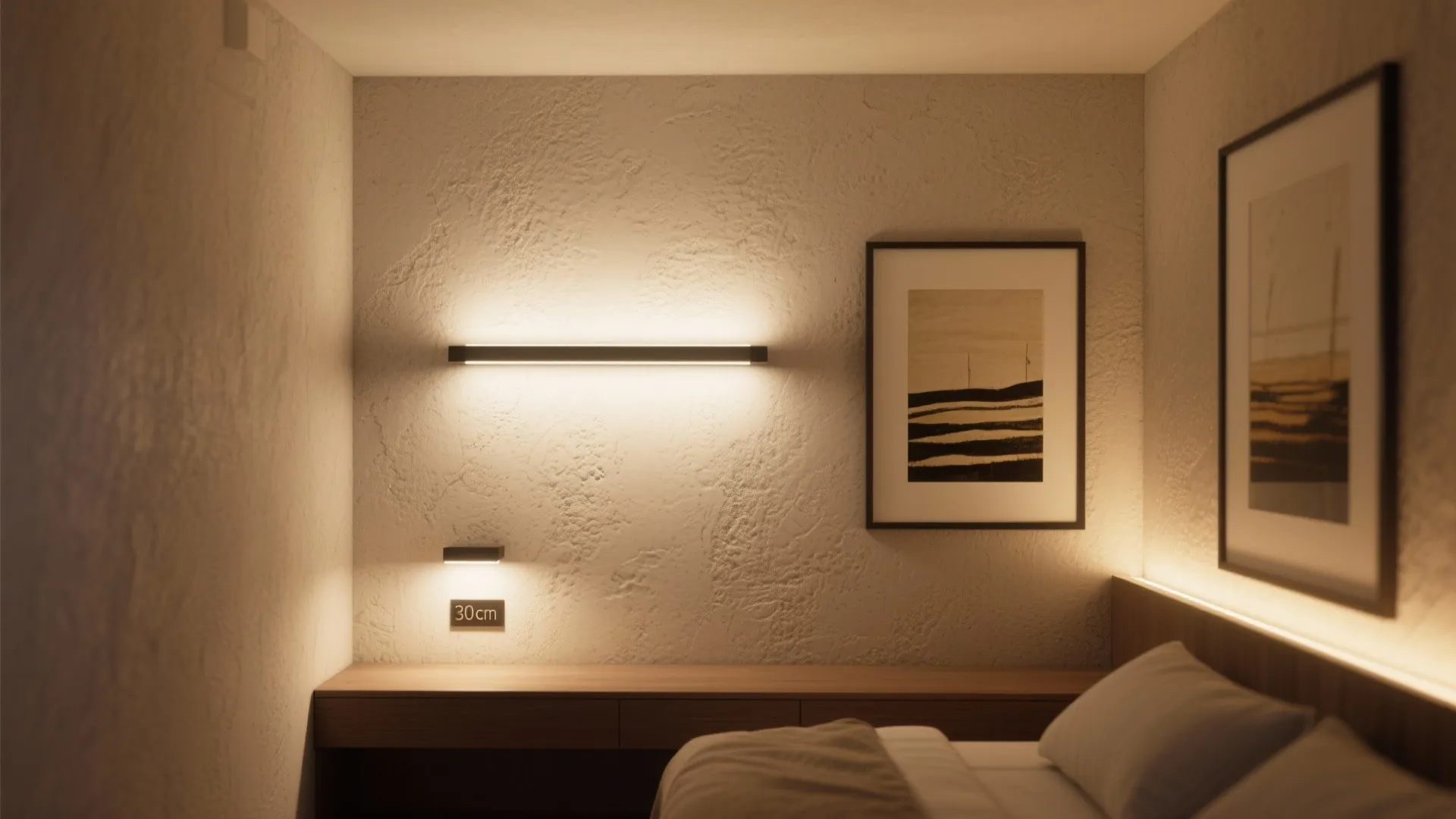 1. Layered ambient + accent with linear wall fixtures