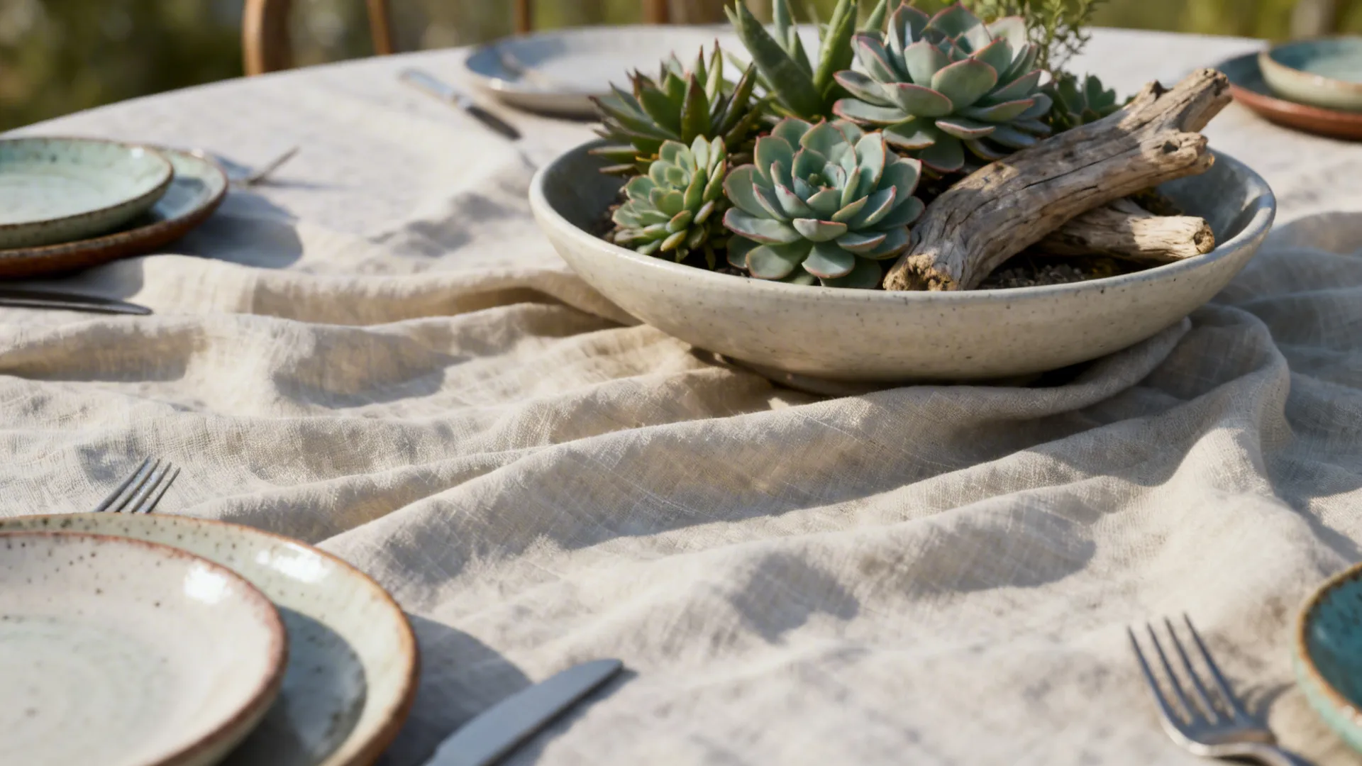 Layered textured linen on a round table with a low succulent and driftwood centerpiece beneath 10 inches tall.