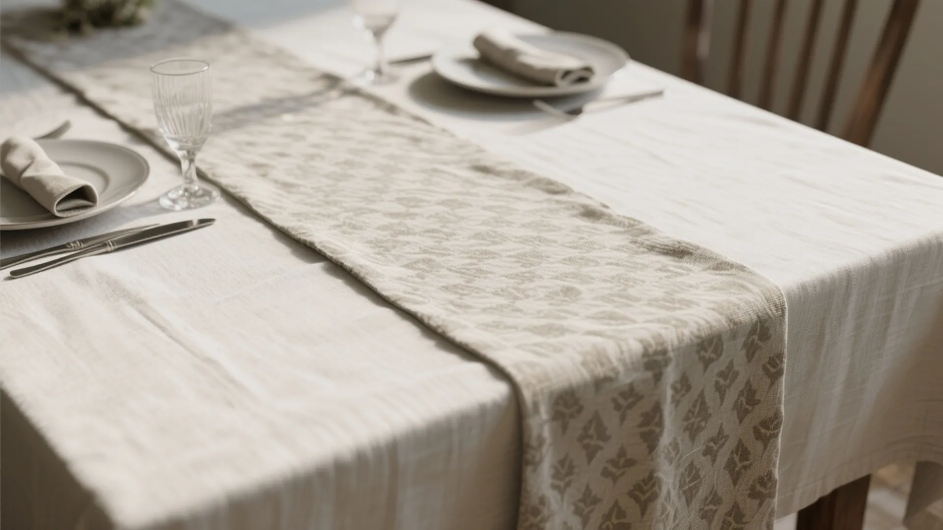 Dining table set with cream linen tablecloth and patterned table runner with plates and glasses