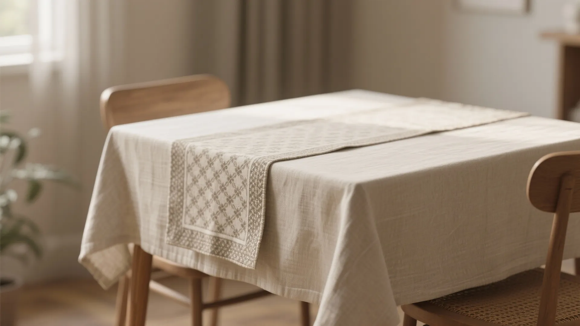 Neutral linen tablecloth with patterned runner layered on top
