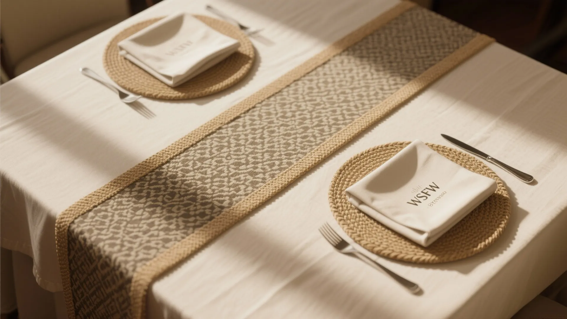Dining table with patterned runner and two place settings including white napkins on woven mats