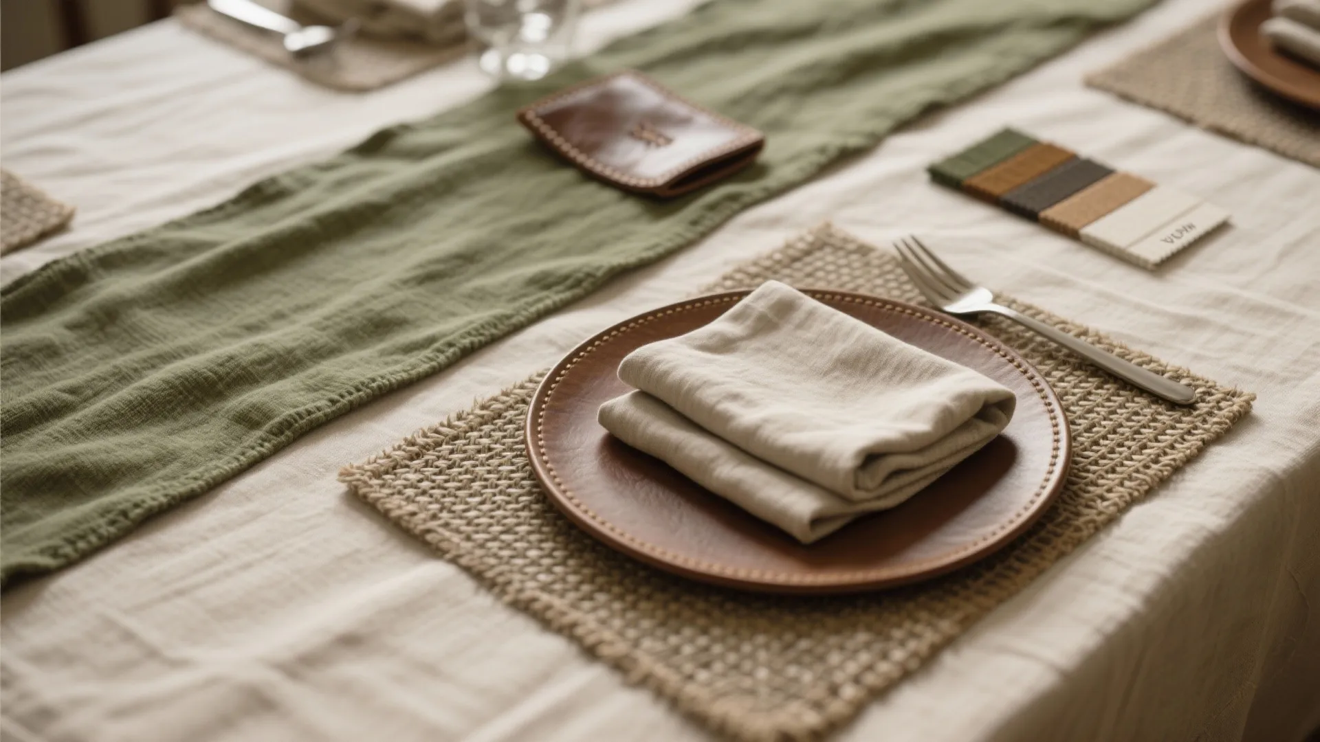 Dining table setting featuring a brown plate, beige napkin, green runner, and natural woven placemats