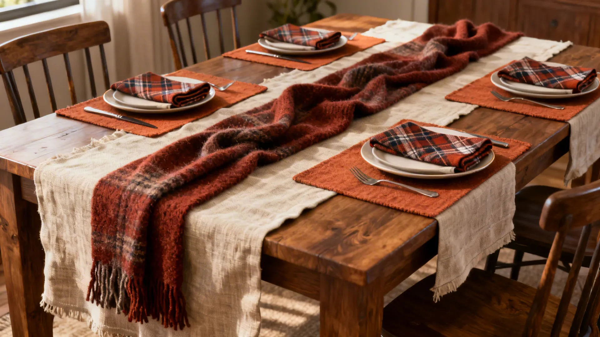Dining table with layered linens and plaid napkins creating warm autumn texture