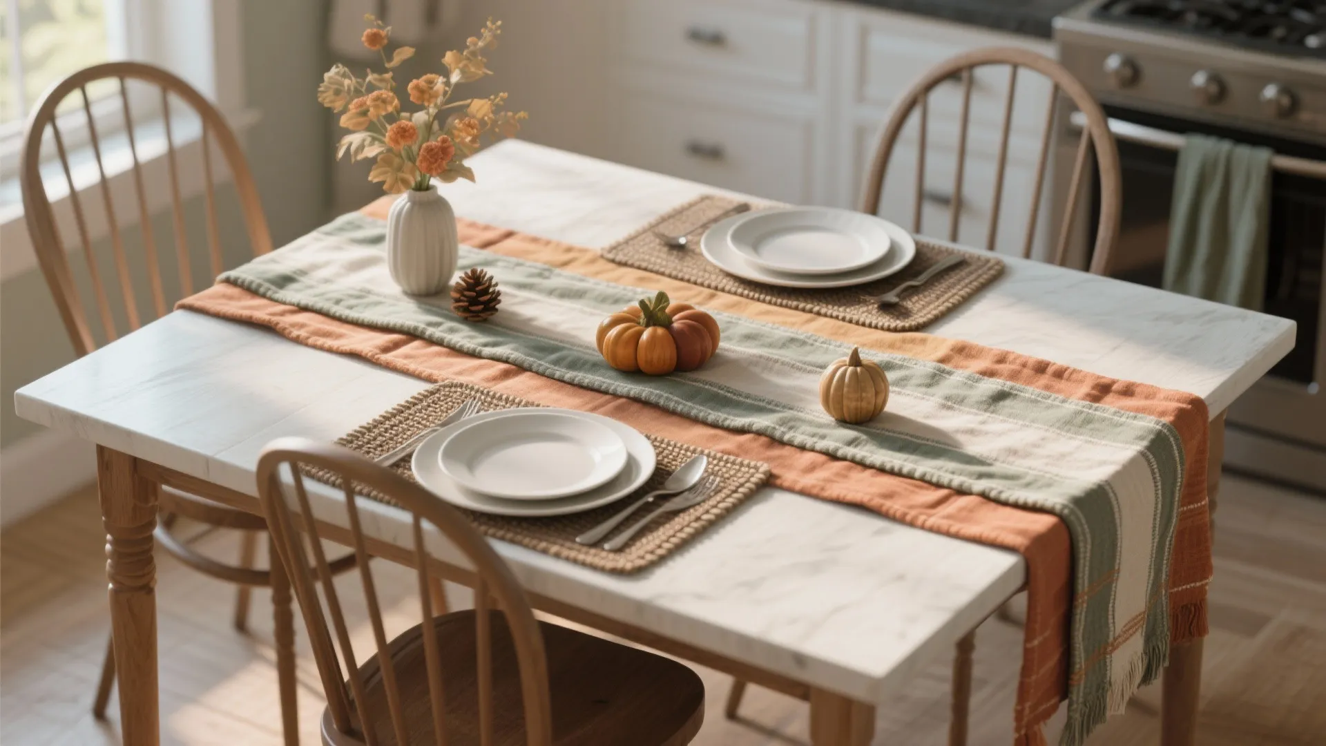 Dining table set with striped fabric runner white plates small orange pumpkins and orange flowers