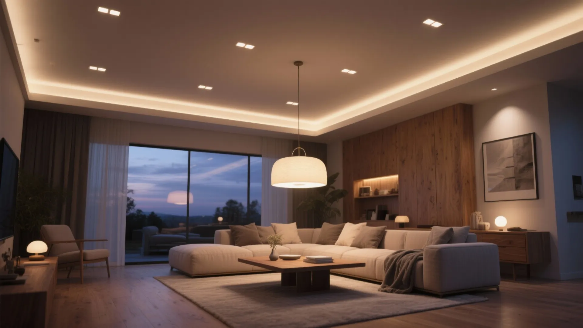 Modern living room with a large white sofa wooden coffee table ceiling light and windows