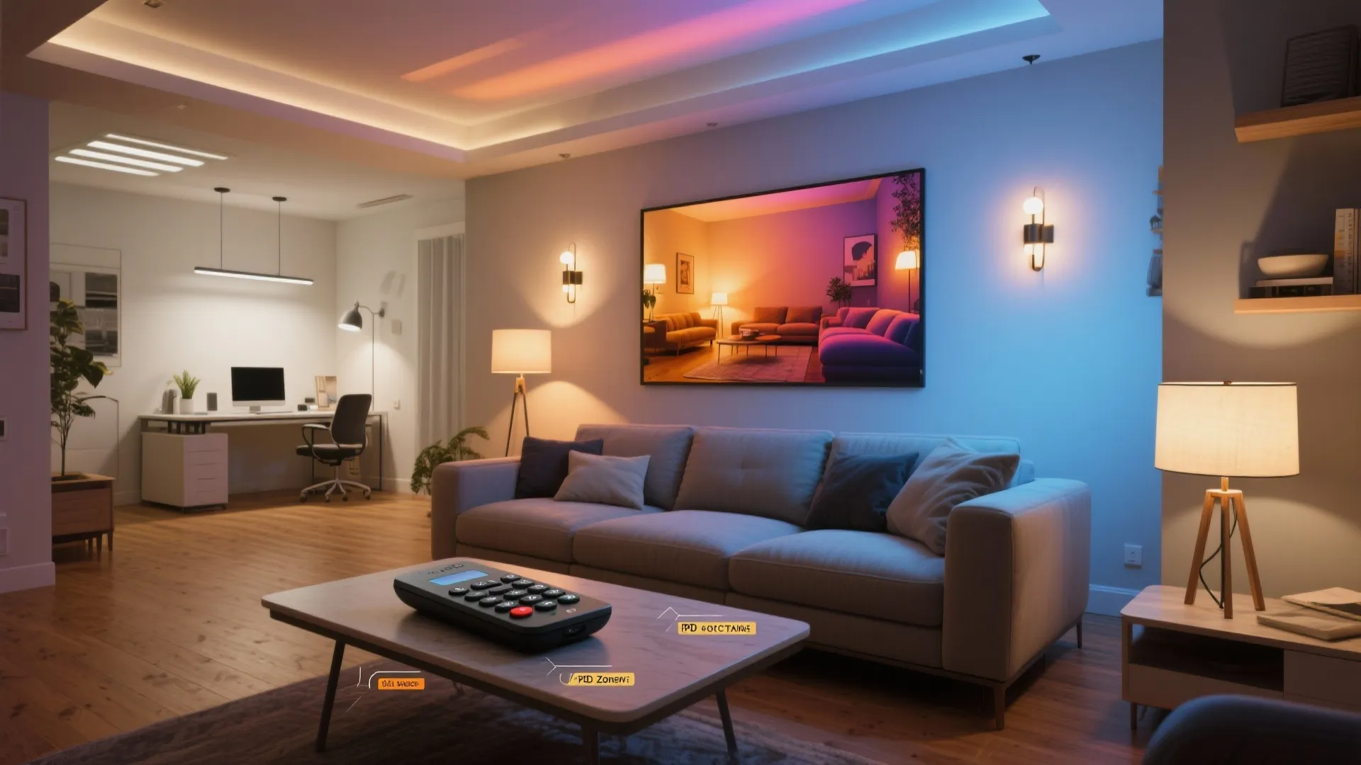 Living room showing layered lighting scenes with a scene remote on the coffee table.