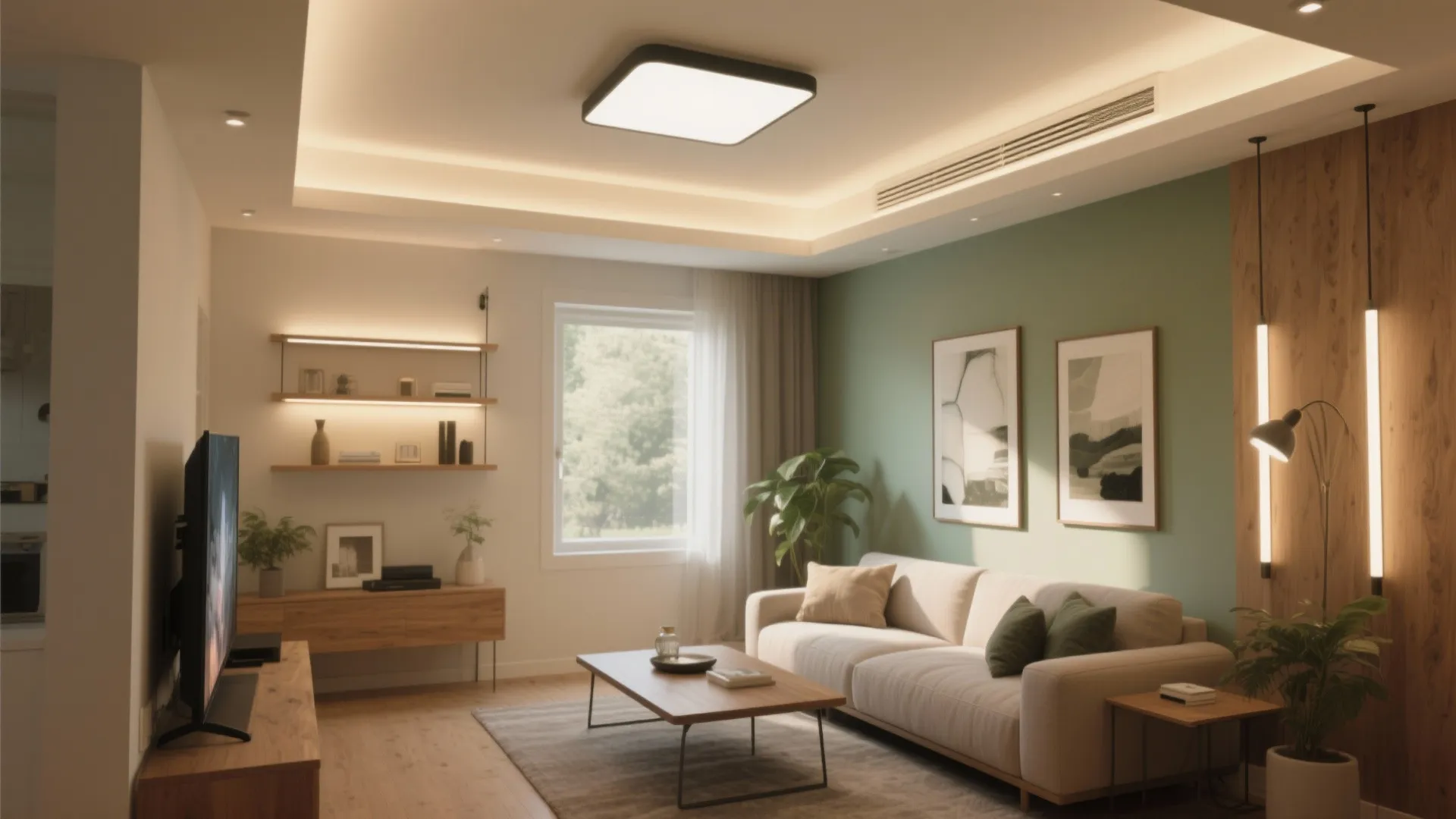 Modern living room with green wall white sofa square ceiling light and wooden TV stand