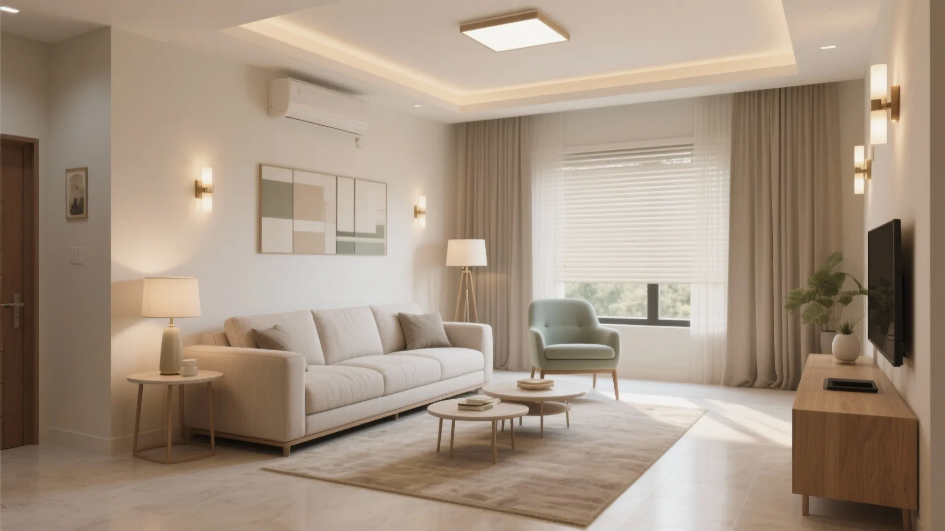 Light, layered living room with flexible seating