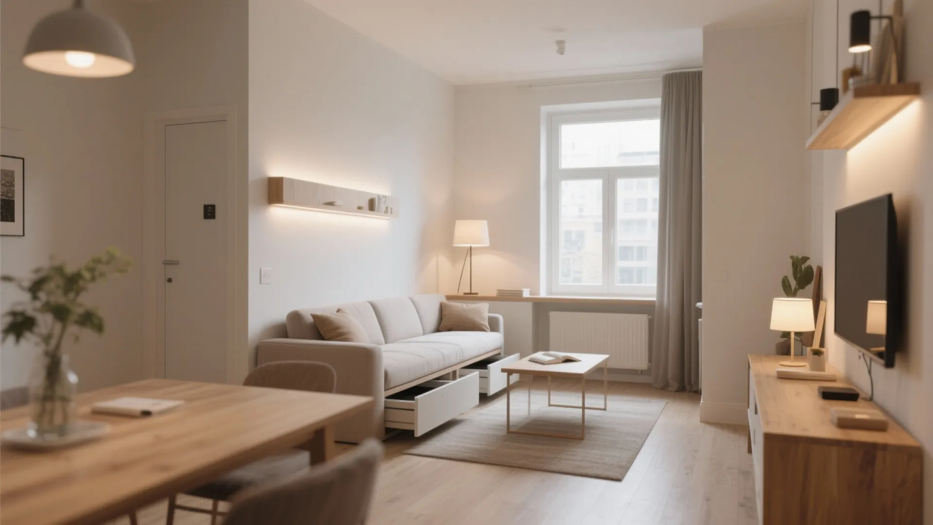 Light, layered living-dining with hidden storage