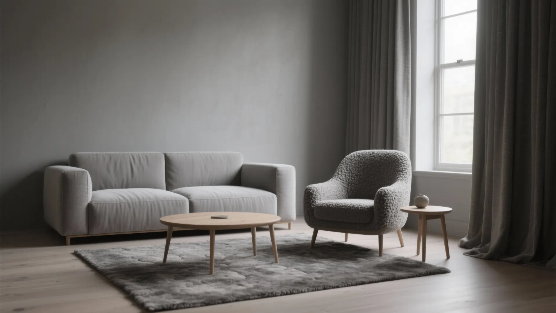 Tone-on-tone gray lounge with linen curtains, boucle chair, and a heathered rug.