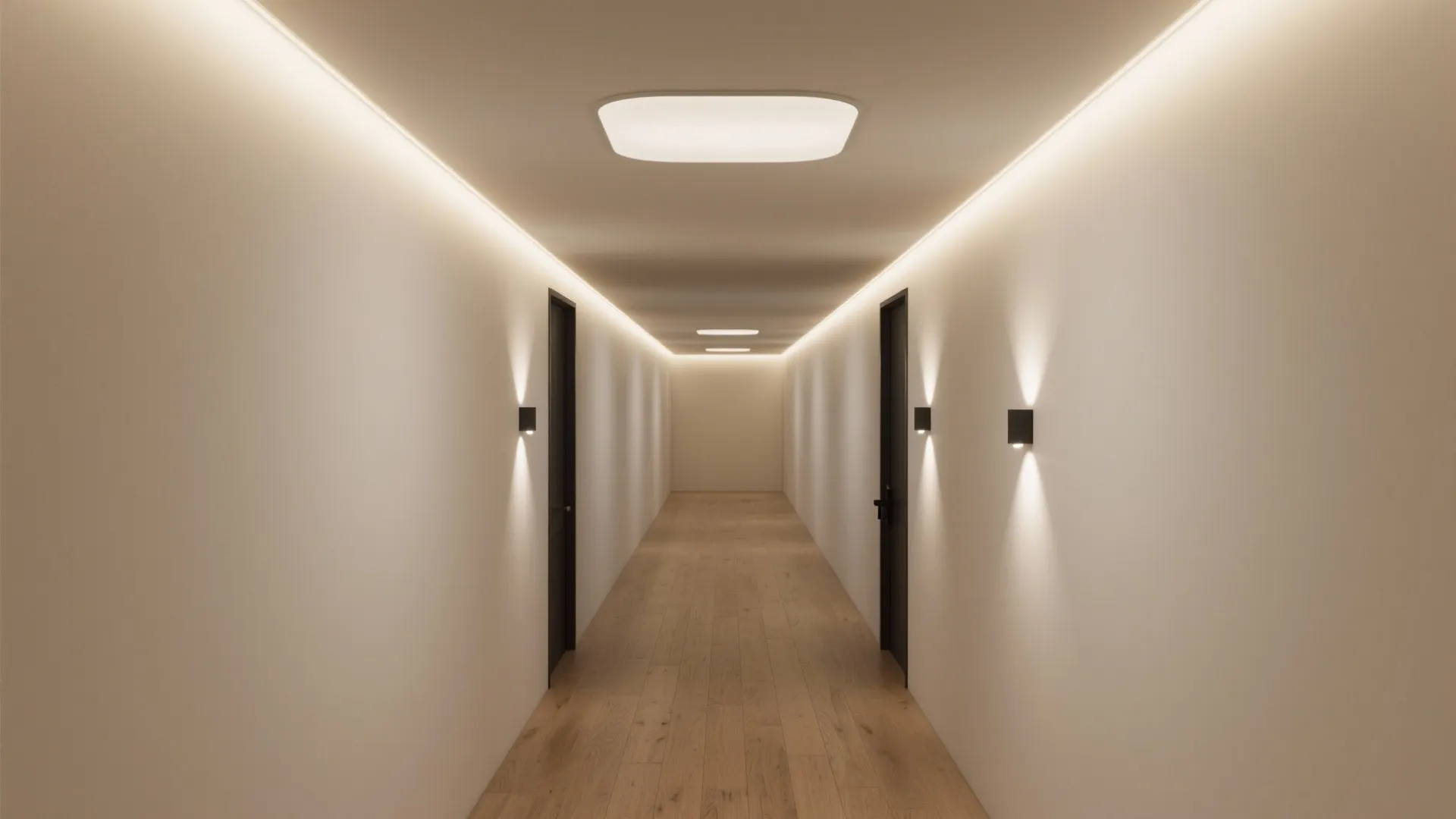 Long minimal hallway with recessed ceiling light strips black wall lights and light wood flooring