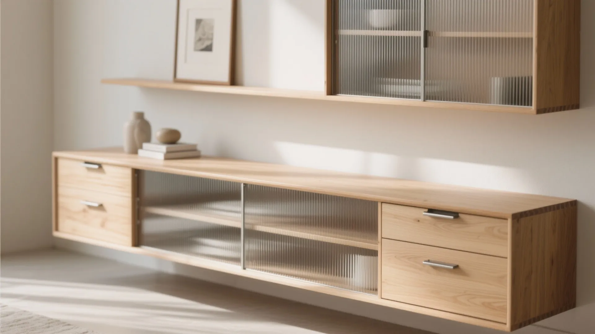 Floating wooden cabinet with glass doors and drawers wall shelf and picture frame in bright room