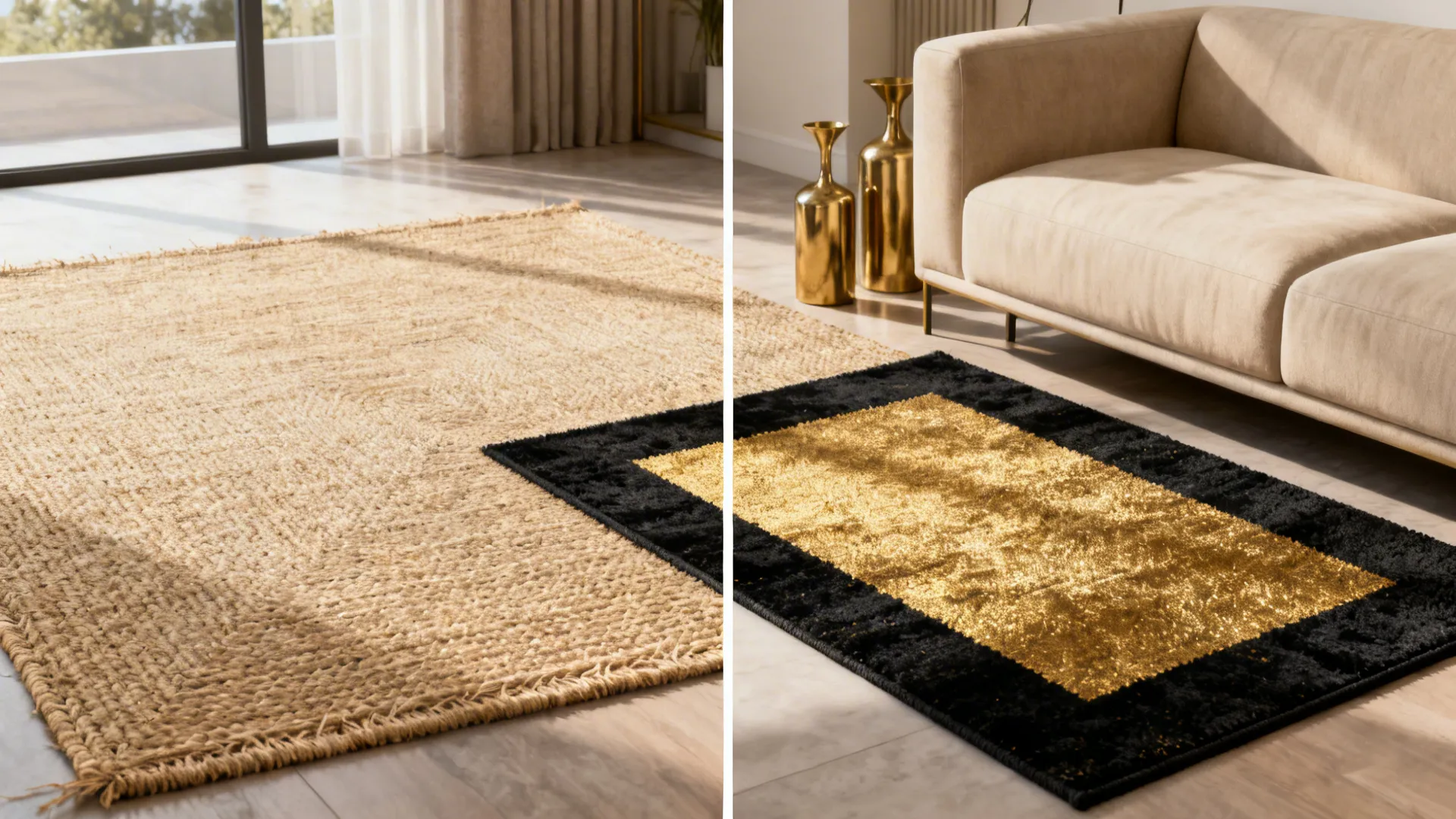 Before and after: neutral jute floor and the same floor with a smaller black-and-gold rug layered on top.