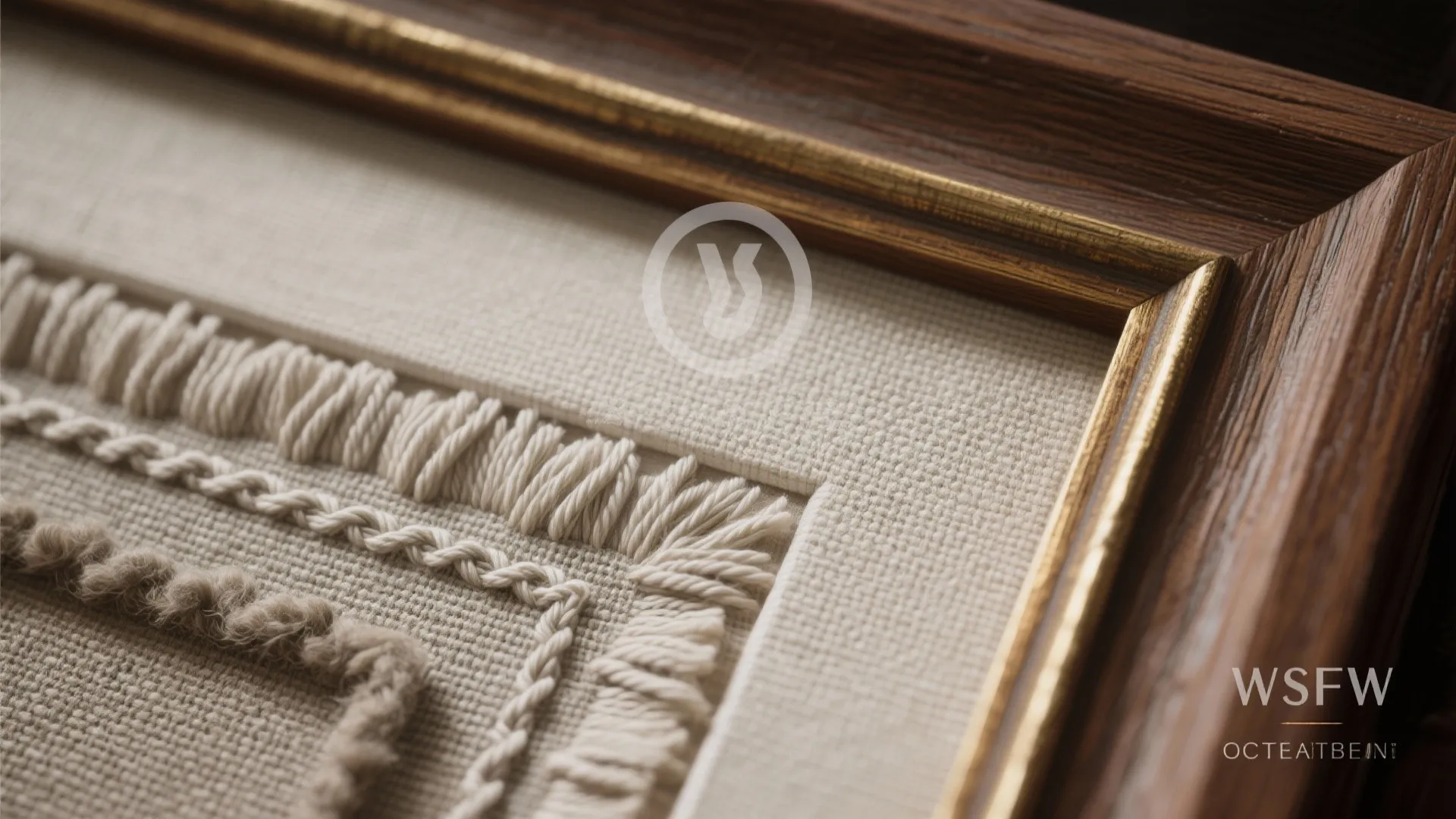 Macro of layered textures: oak frame, linen mount, and raised embroidery stitches with cotton, wool, and silk.