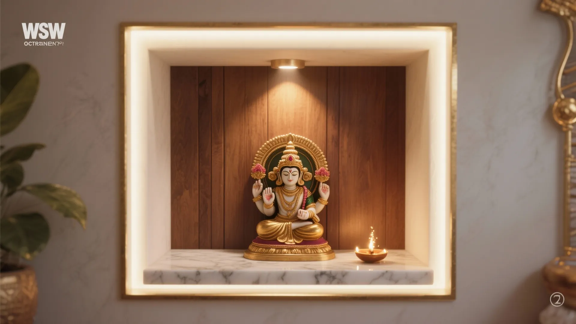 Small gold statue inside a wood wall shelf with a marble base and warm lights