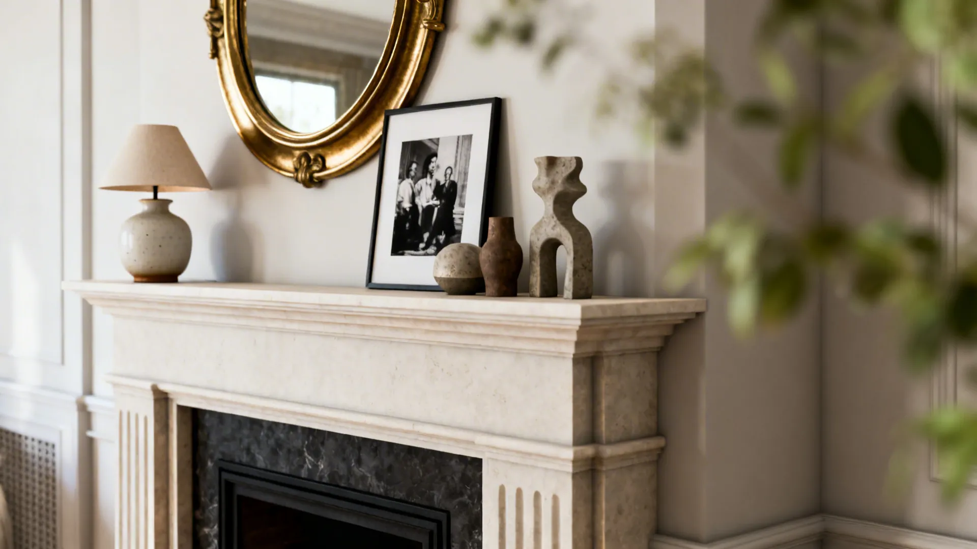White marble fireplace mantel with a small lamp gold mirror framed photo and stone decorations