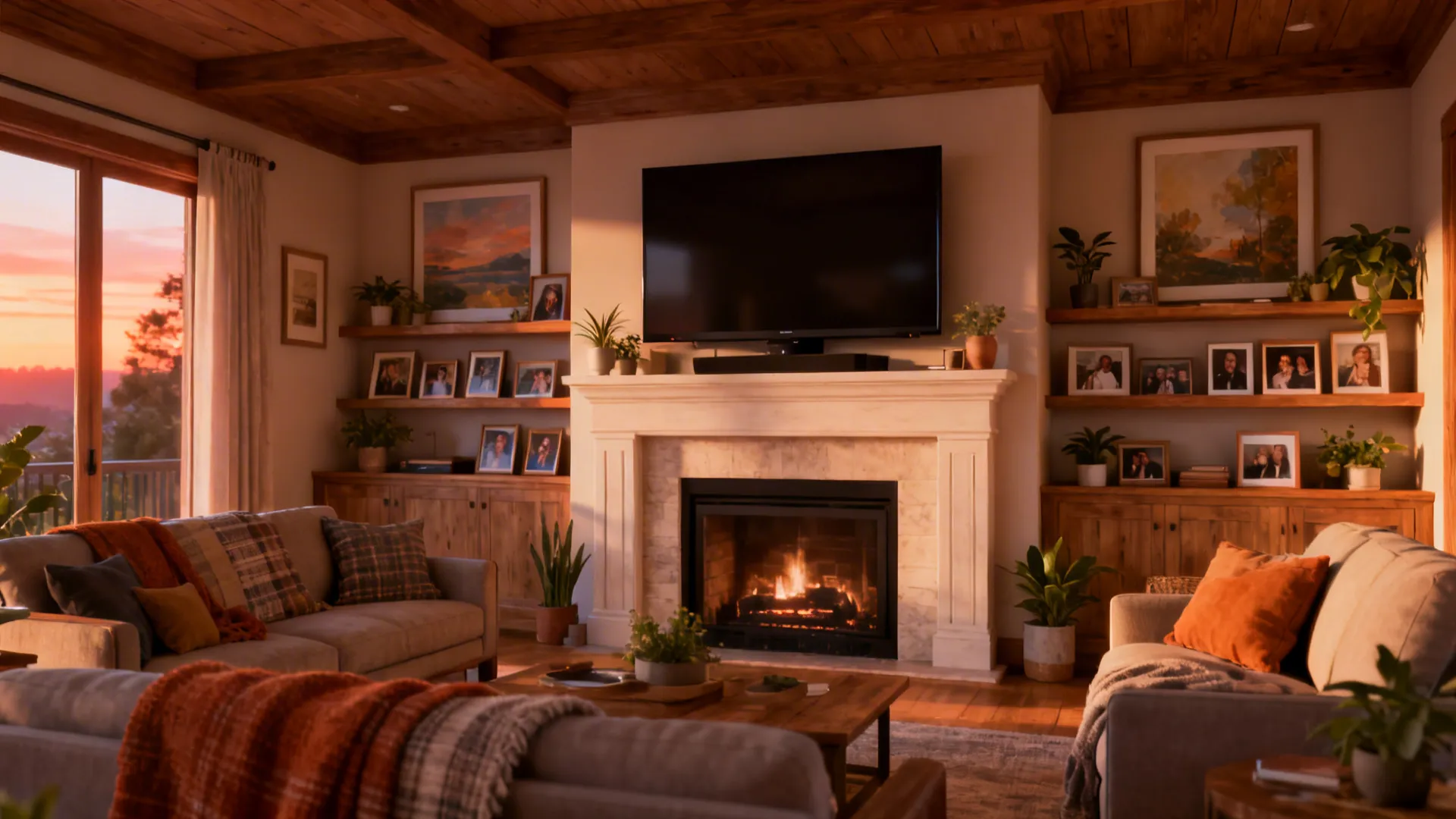 Layered mantel gallery with a slightly recessed TV flanked by artwork and shelves in a warm family room.