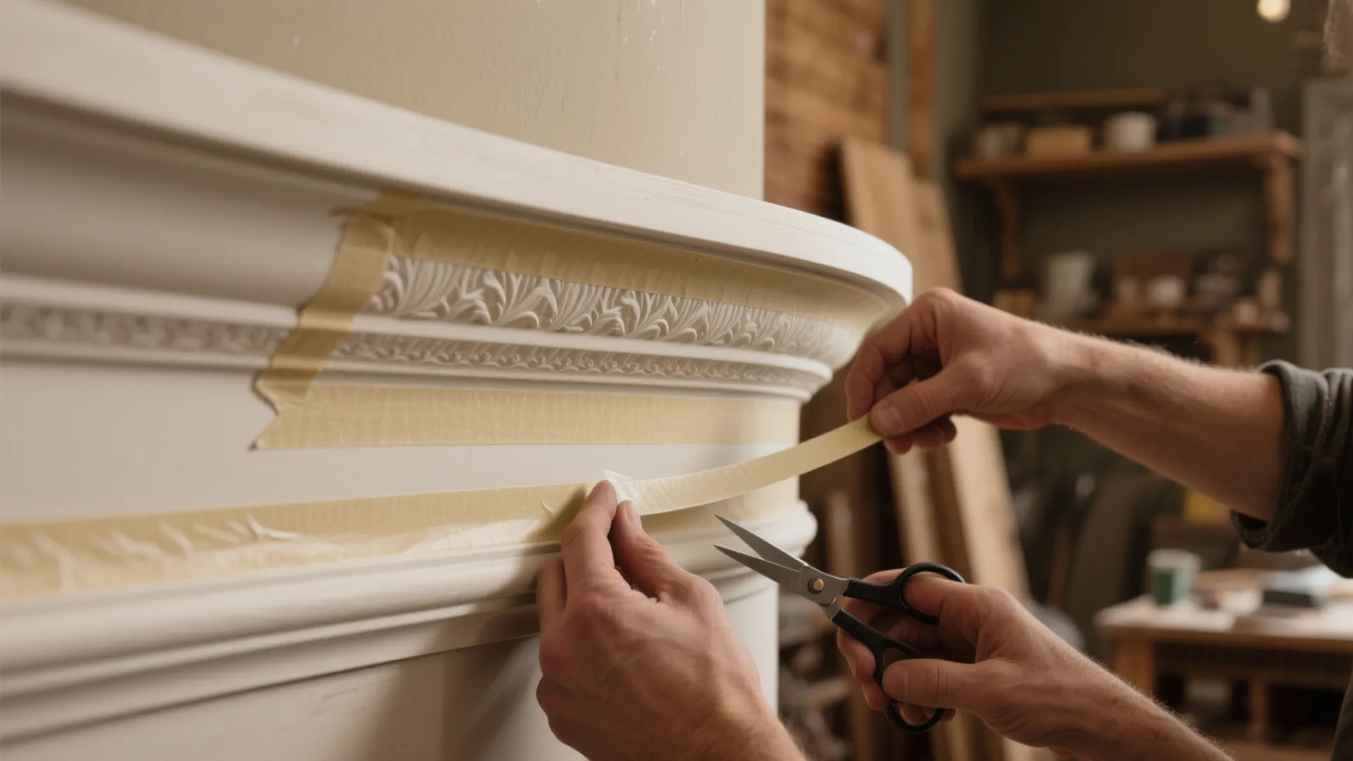 Person using scissors and tape to mask a white wall panel for a painting project